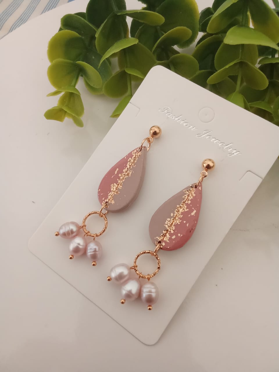 Handmade Polymer Clay Tear Drop Earring with Fresh Water Pearl