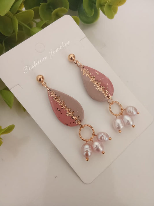 Handmade Polymer Clay Tear Drop Earring with Fresh Water Pearl