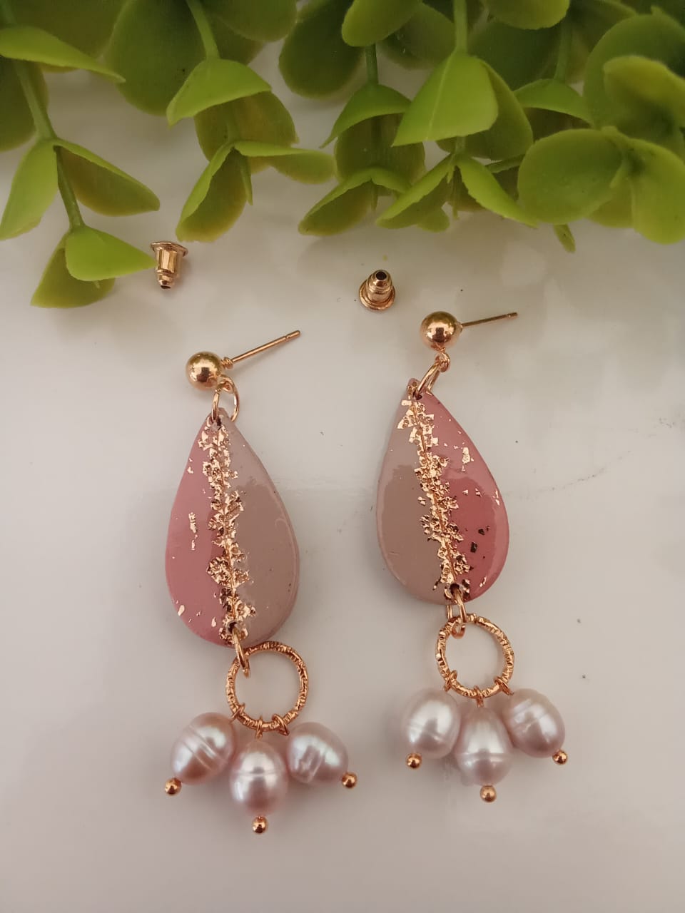 Handmade Polymer Clay Tear Drop Earring with Fresh Water Pearl