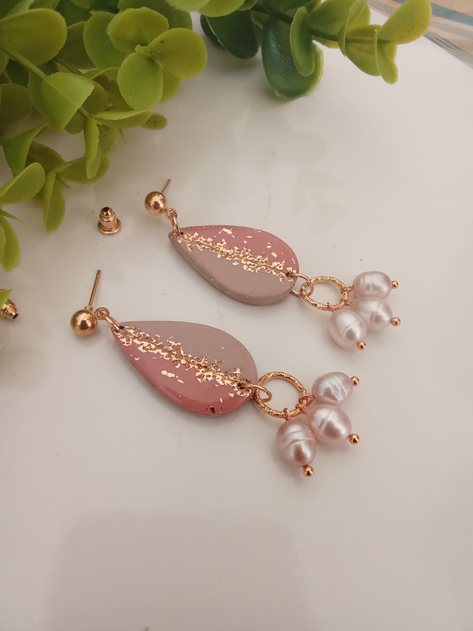 Handmade Polymer Clay Tear Drop Earring with Fresh Water Pearl
