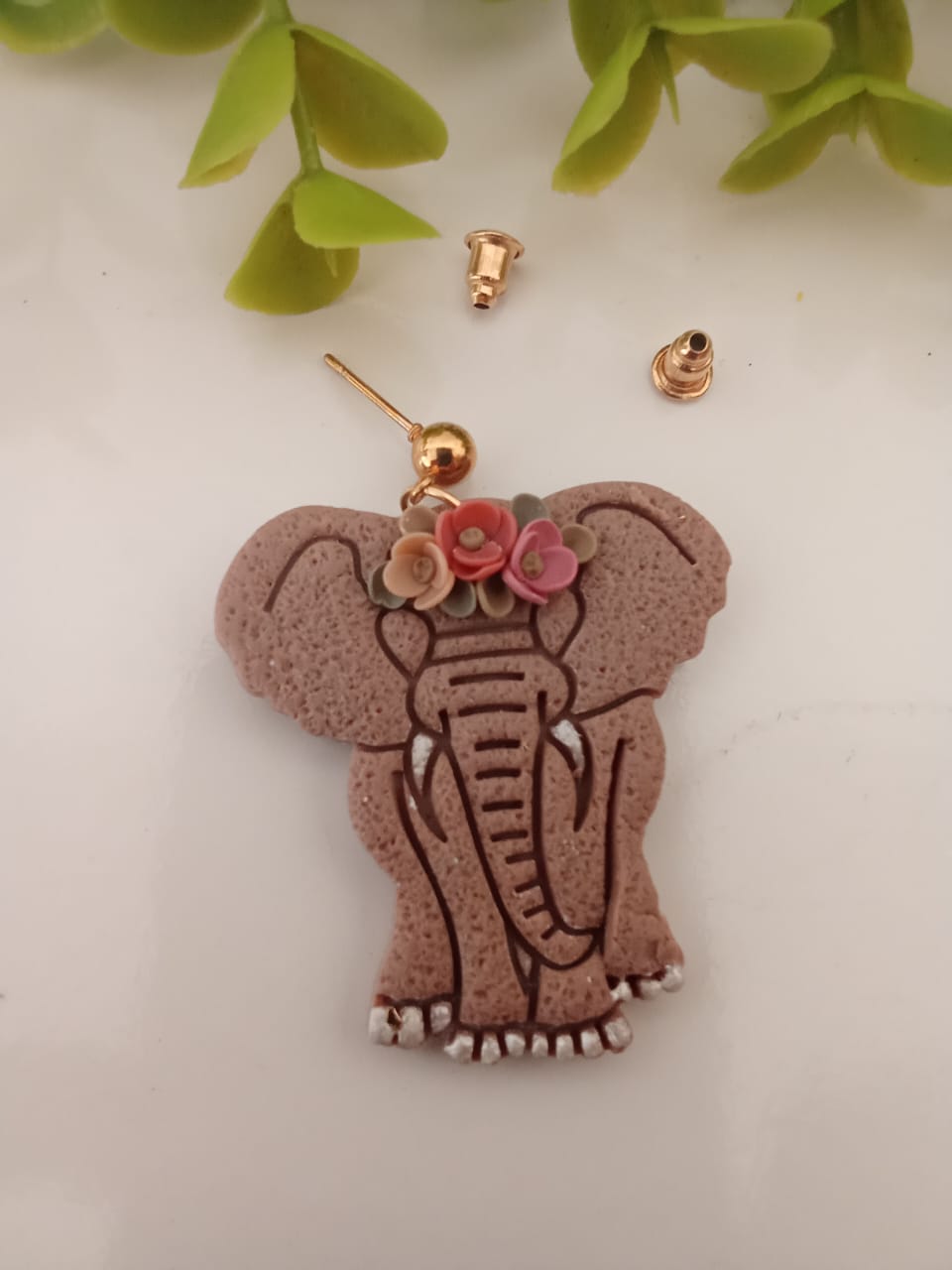 Handmade Polymer Clay Elephant Earring Dangle Boho Floral Unique gift
