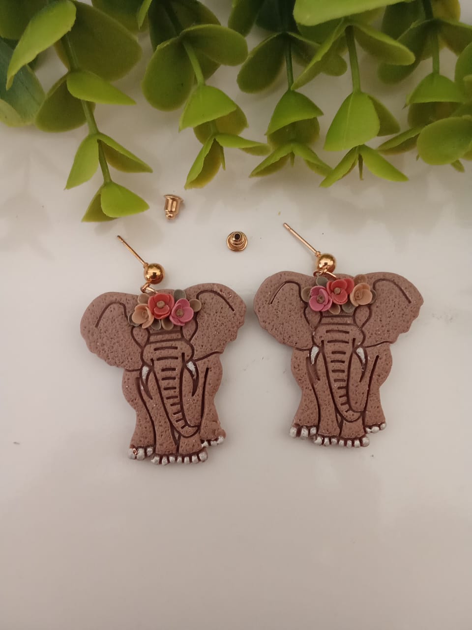 Handmade Polymer Clay Elephant Earring Dangle Boho Floral Unique gift