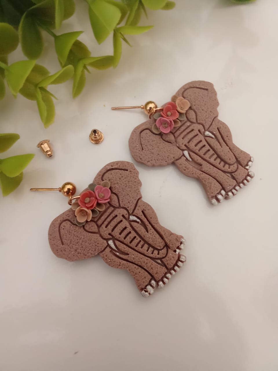 Handmade Polymer Clay Elephant Earring Dangle Boho Floral Unique gift