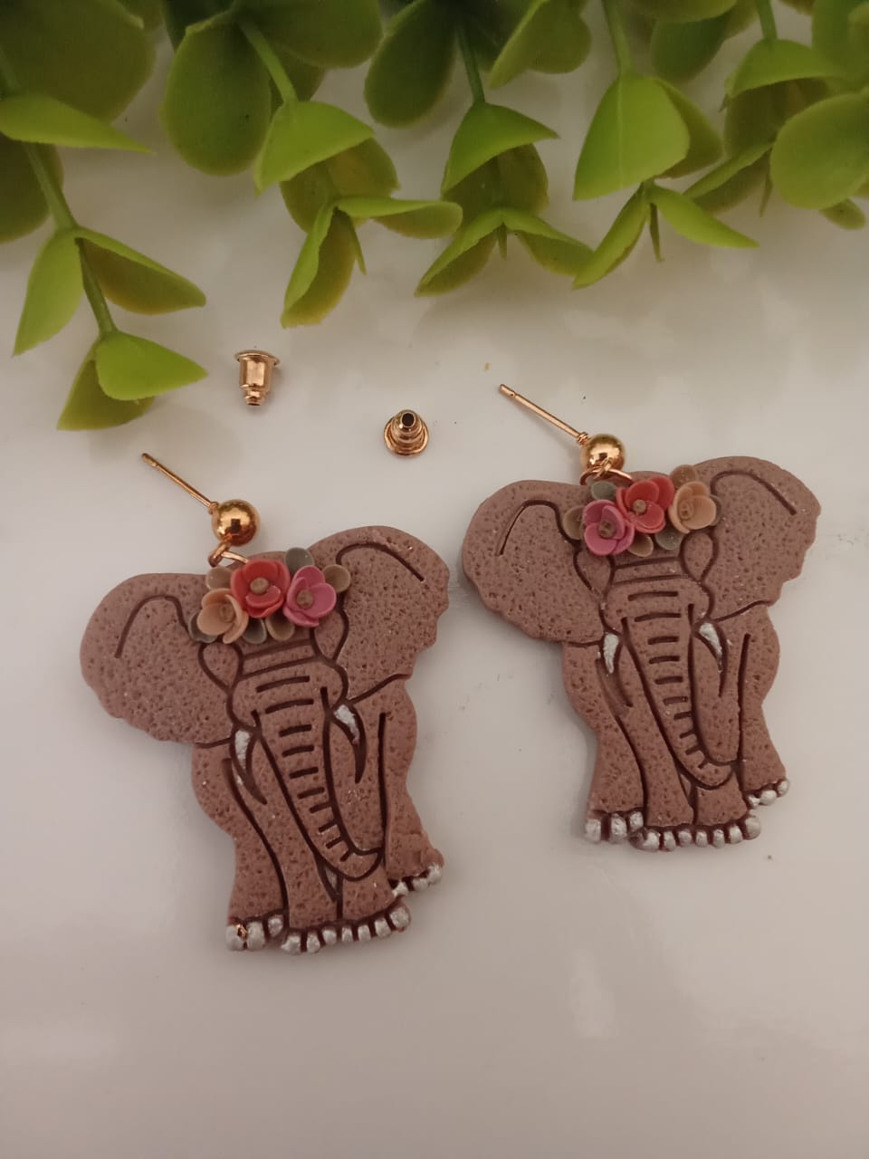 Handmade Polymer Clay Elephant Earring Dangle Boho Floral Unique gift