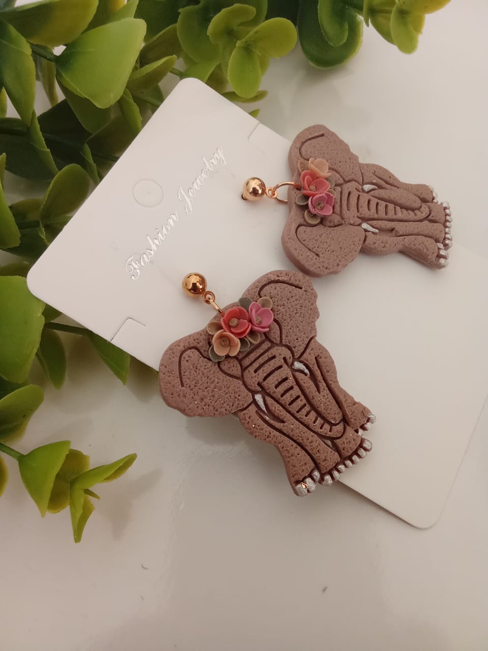 Handmade Polymer Clay Elephant Earring Dangle Boho Floral Unique gift
