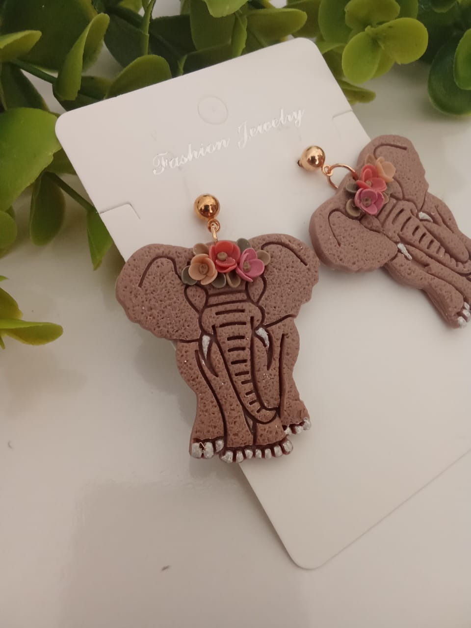 Handmade Polymer Clay Elephant Earring Dangle Boho Floral Unique gift