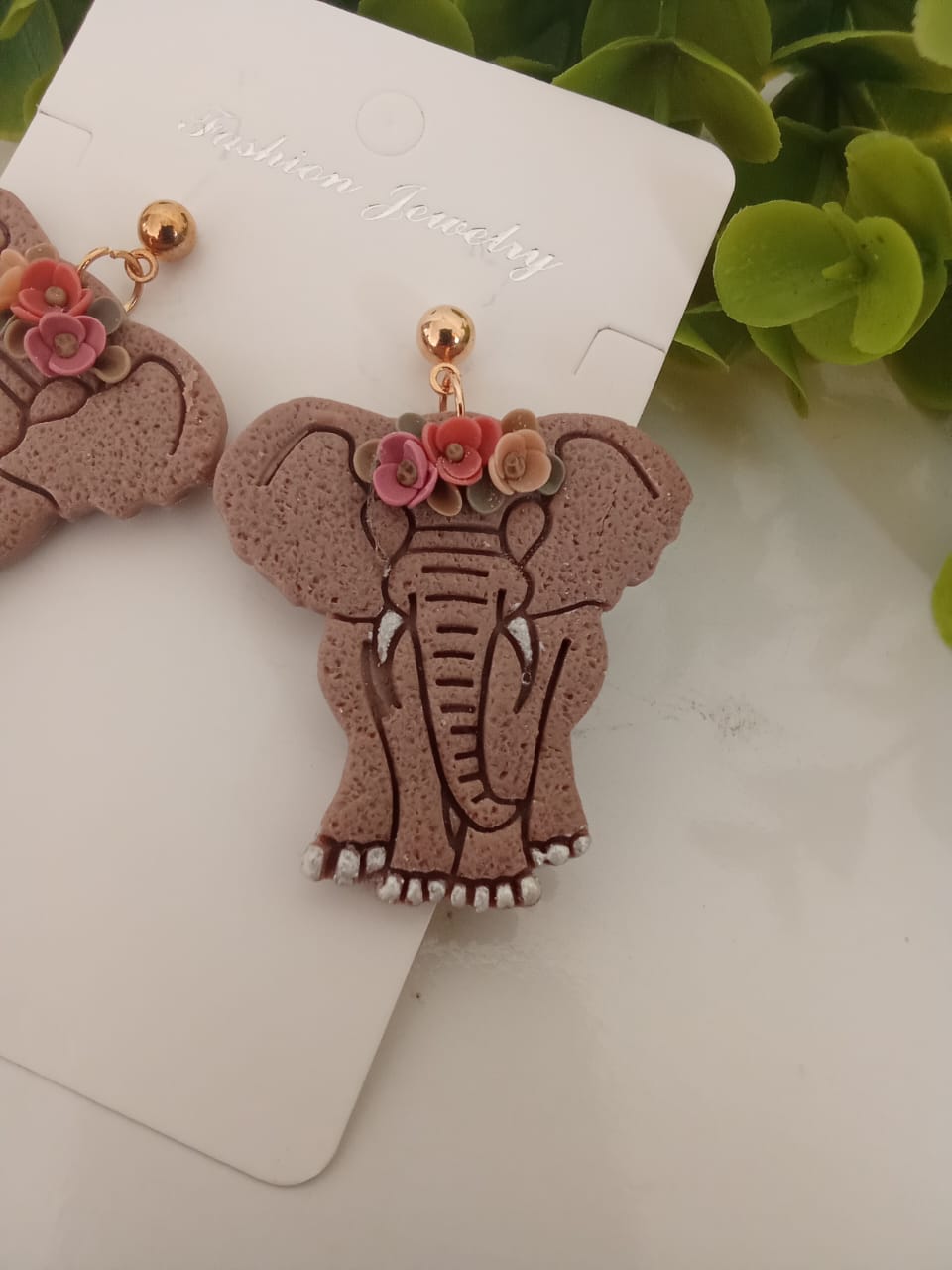 Handmade Polymer Clay Elephant Earring Dangle Boho Floral Unique gift