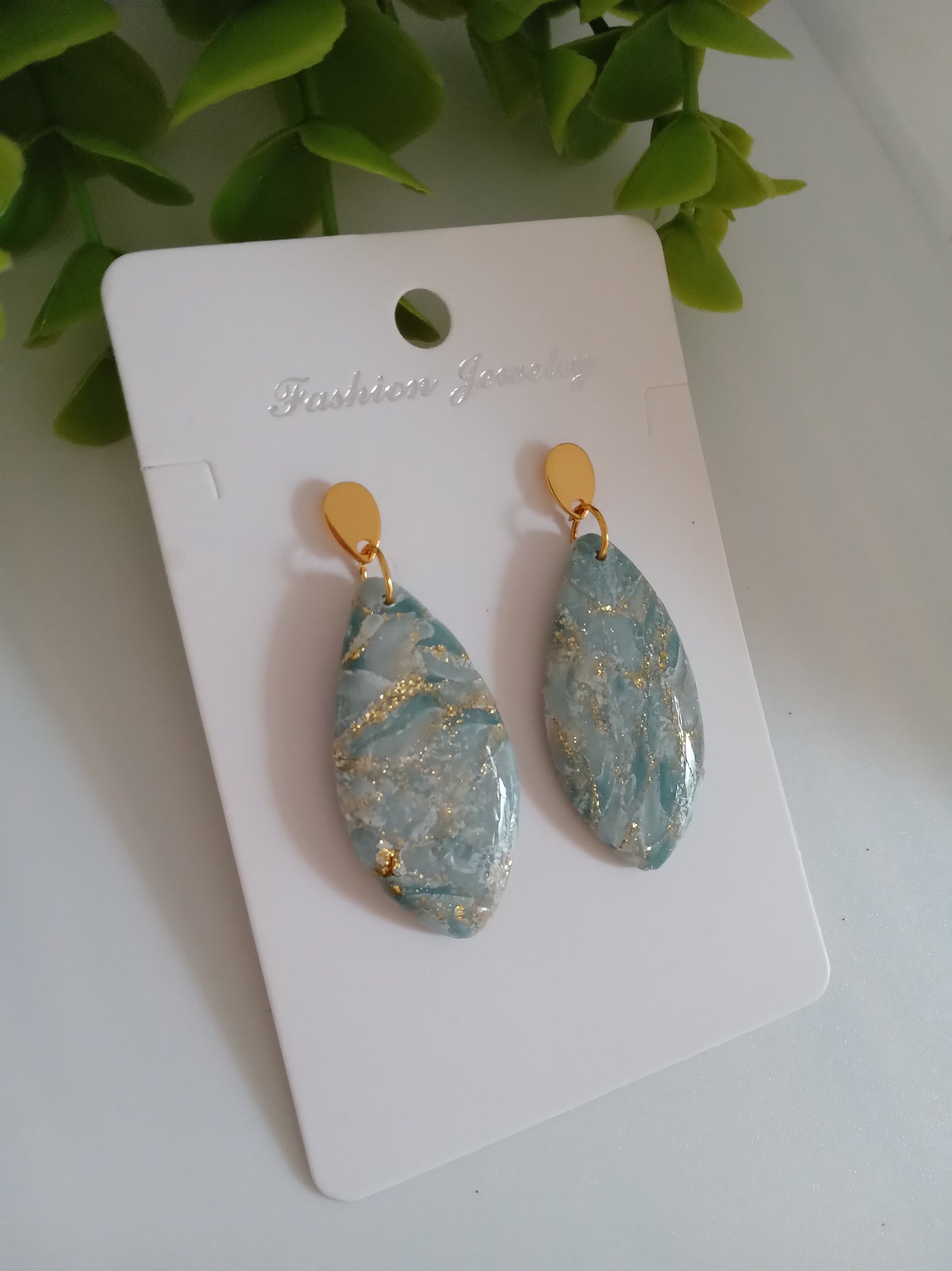 Elegant Blue Marble Drop Earrings with Gold Accents | Lightweight Gift Jewelry
