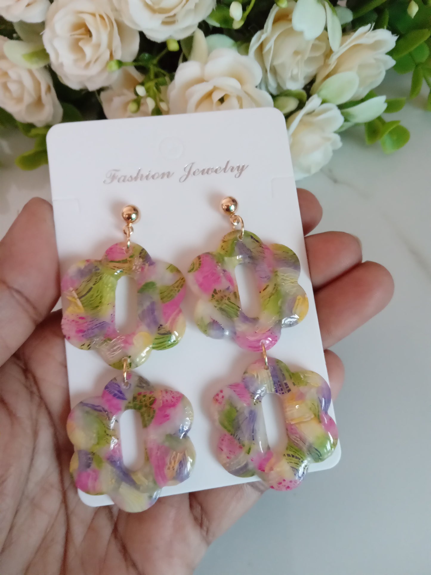 Handmade Clay Earrings- Agate Floral and Modern Geometric Style