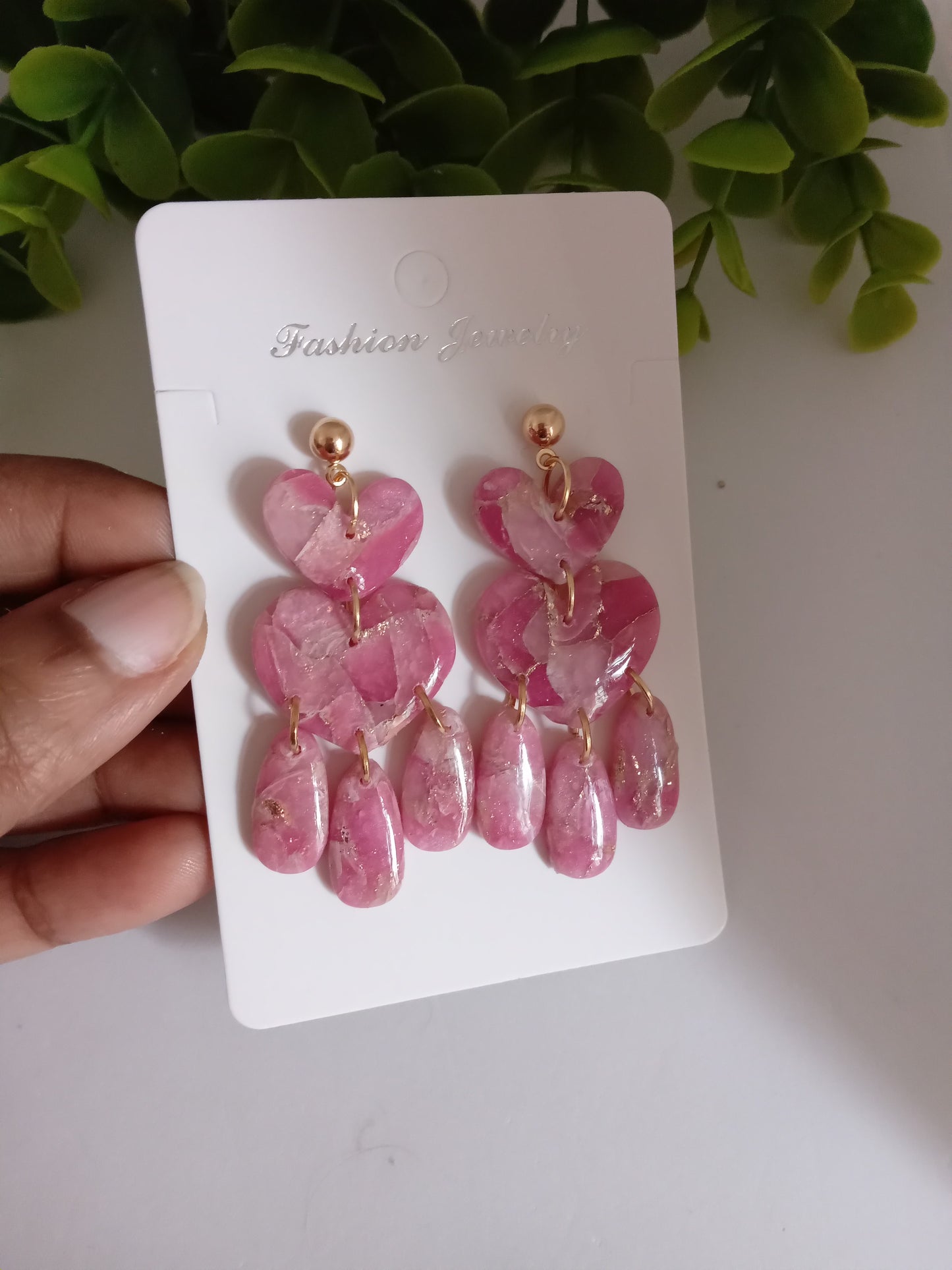 Pink Marble Heart Dangle Earrings  - Lightweight Clay Statement Jewelry