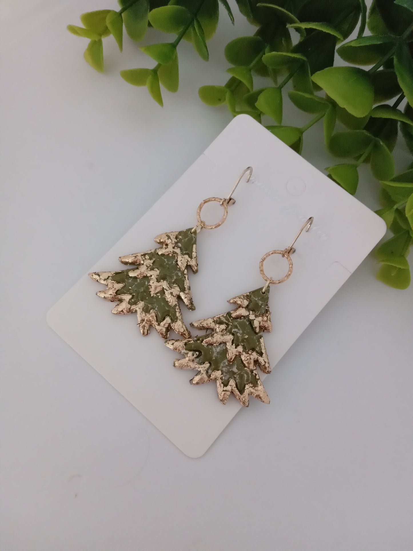 Bold Christmas Tree Earrings with Gold Foil- Handmade Holiday Jewelry for Women