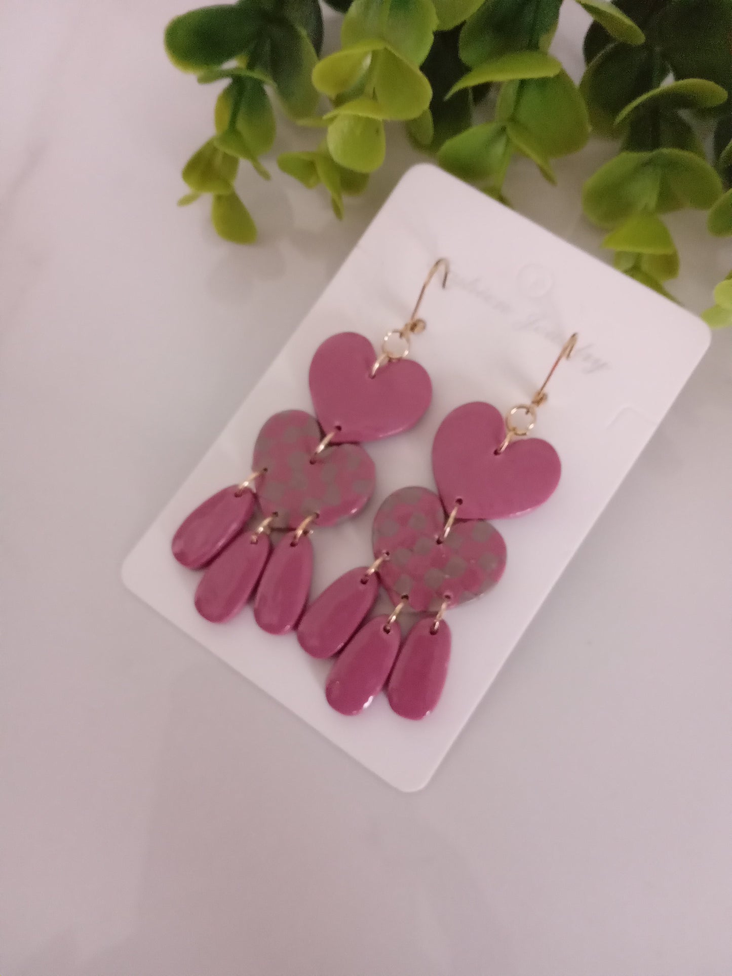 Velantines Polymer Clay Earrings Handmade -Pink Heart Statement Dangles For Her