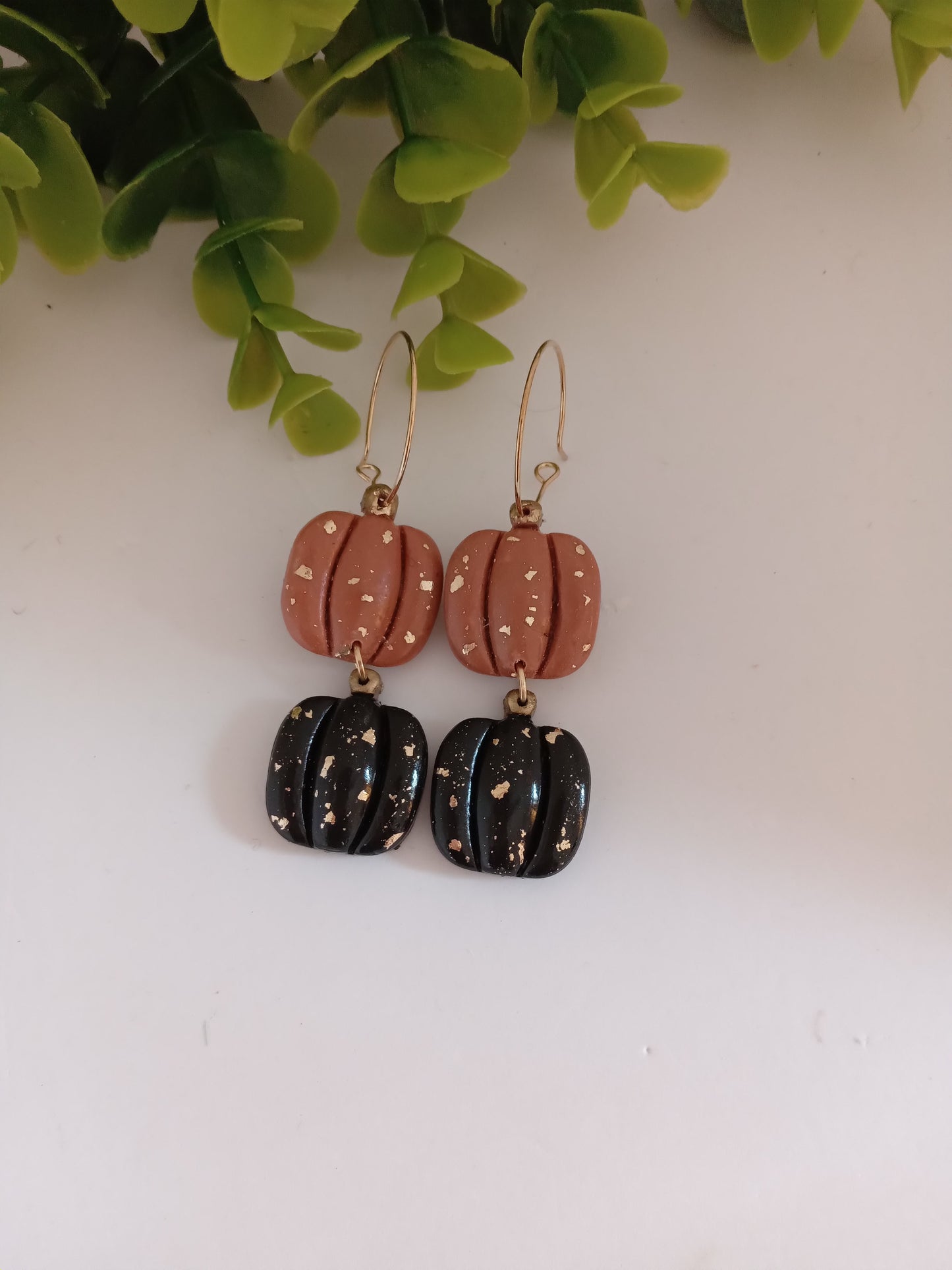 Handmade Pumpkin Earrings – Halloween Polymer Clay Dangle Earrings with Gold Foil | Black & Brown Fall Jewelry