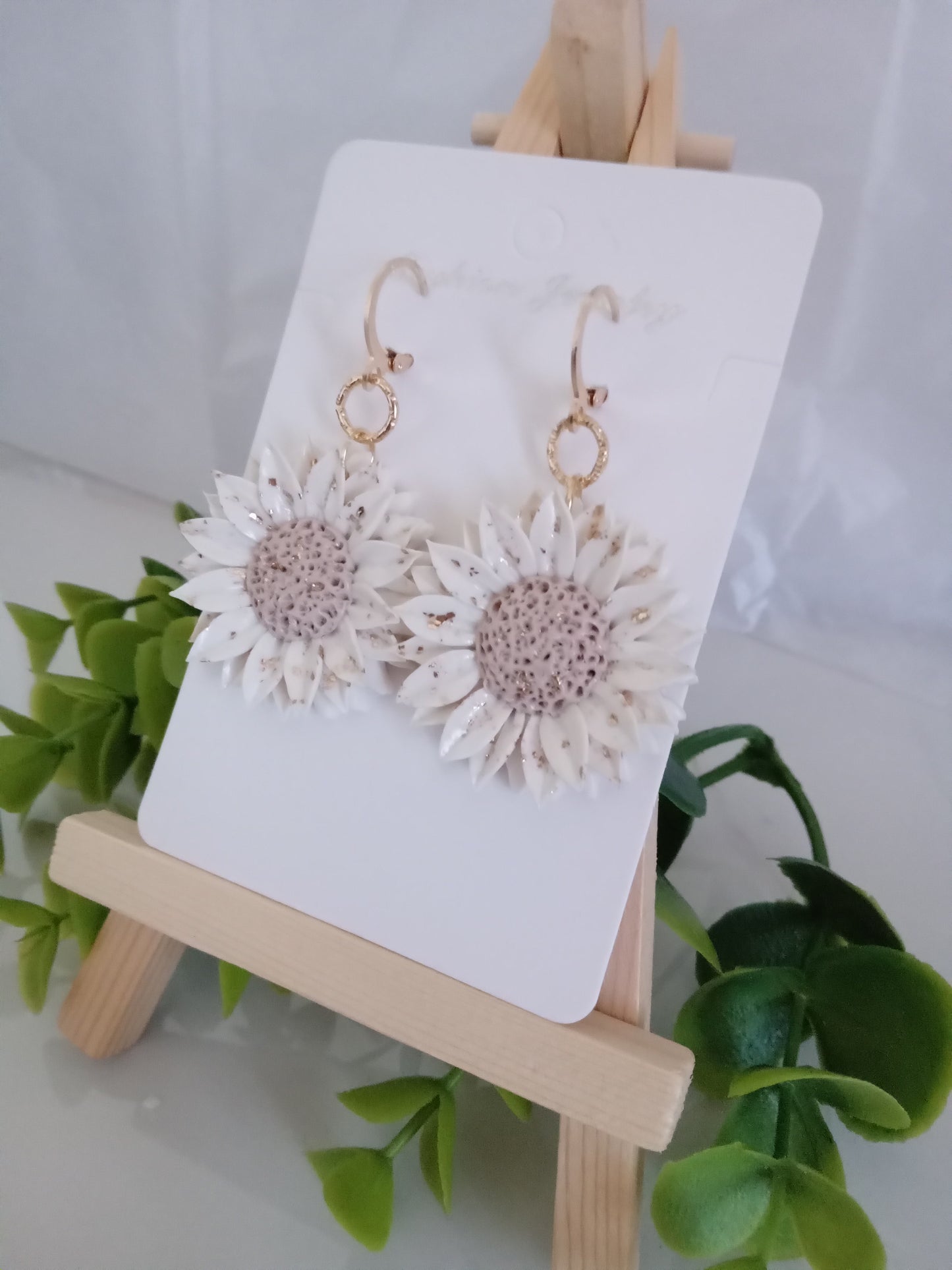 Handmade Sunflower Polymer Clay Earrings – White & Gold Foil Floral Dangle Earrings, Lightweight Statement Jewelry for Women