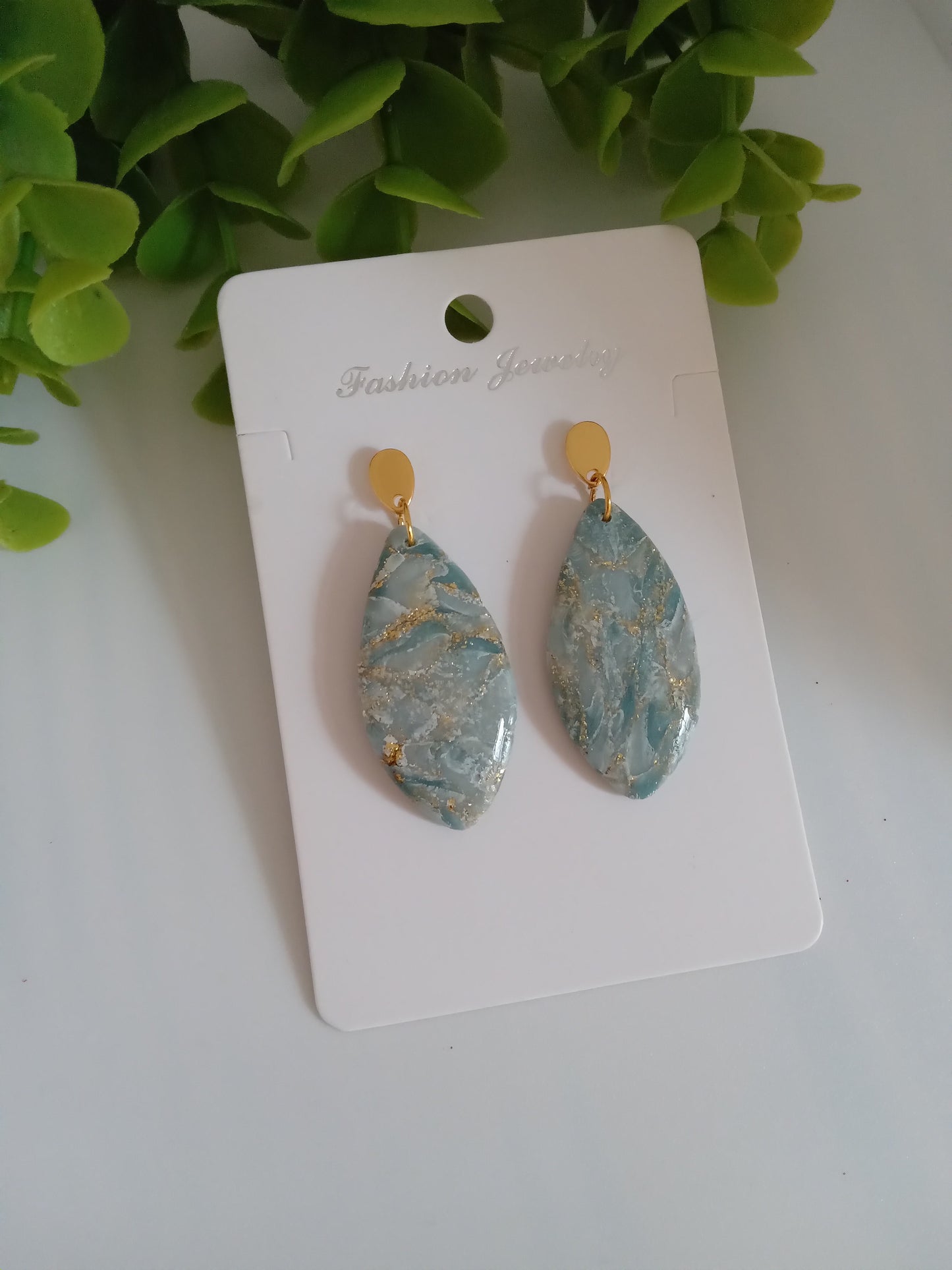 Elegant Blue Marble Drop Earrings with Gold Accents | Lightweight Gift Jewelry