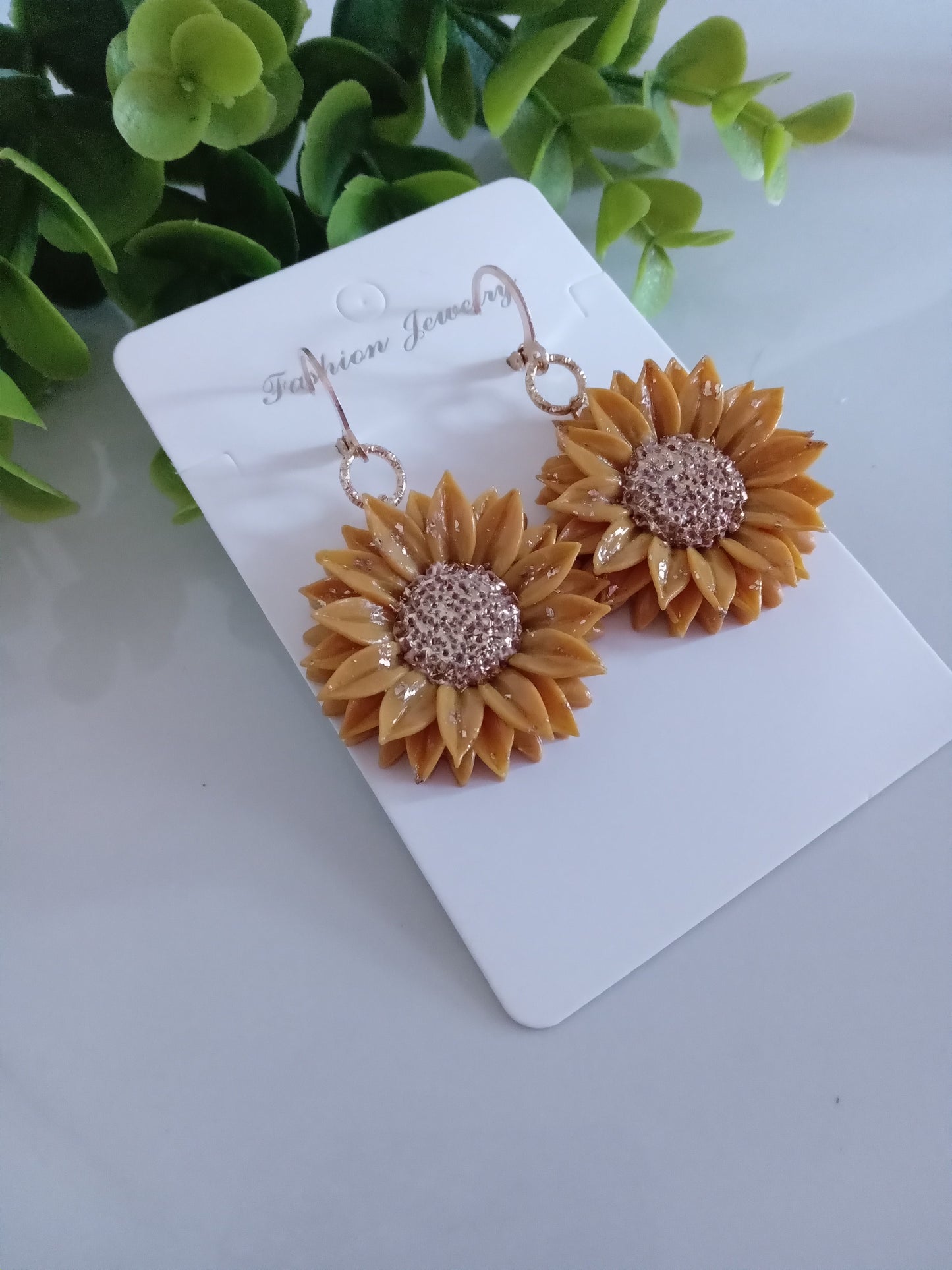 Handmade Sunflower Polymer Clay Earrings – Yellow & Gold Foil Floral Dangle Earrings, Lightweight Statement Jewelry for Women