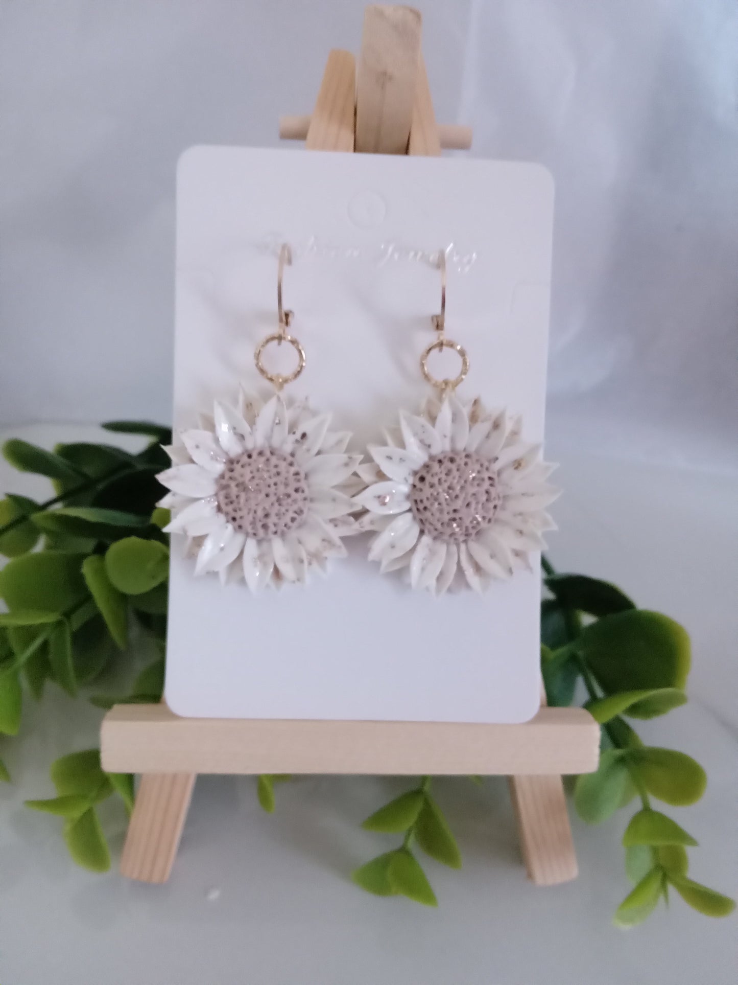 Handmade Sunflower Polymer Clay Earrings – White & Gold Foil Floral Dangle Earrings, Lightweight Statement Jewelry for Women