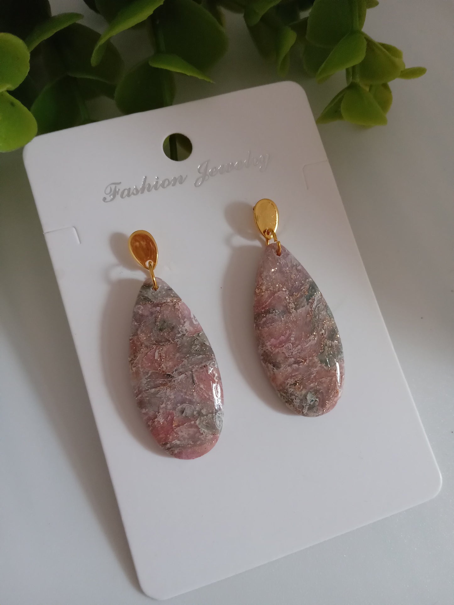 Handmade Faux Agate Teardrop Dangle Earrings – Lightweight Translucent Clay Statement Dangles