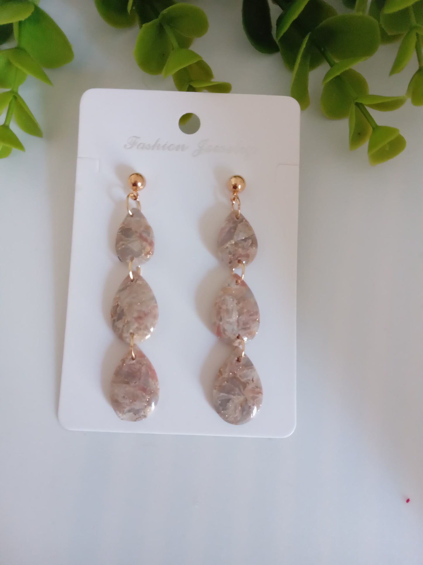 Handmade Teardrop Earrings | Lightweight Polymer Clay Dangle Earrings for Women | Pink Gold Statement Jewelry | Hypoallergenic Gift for Her