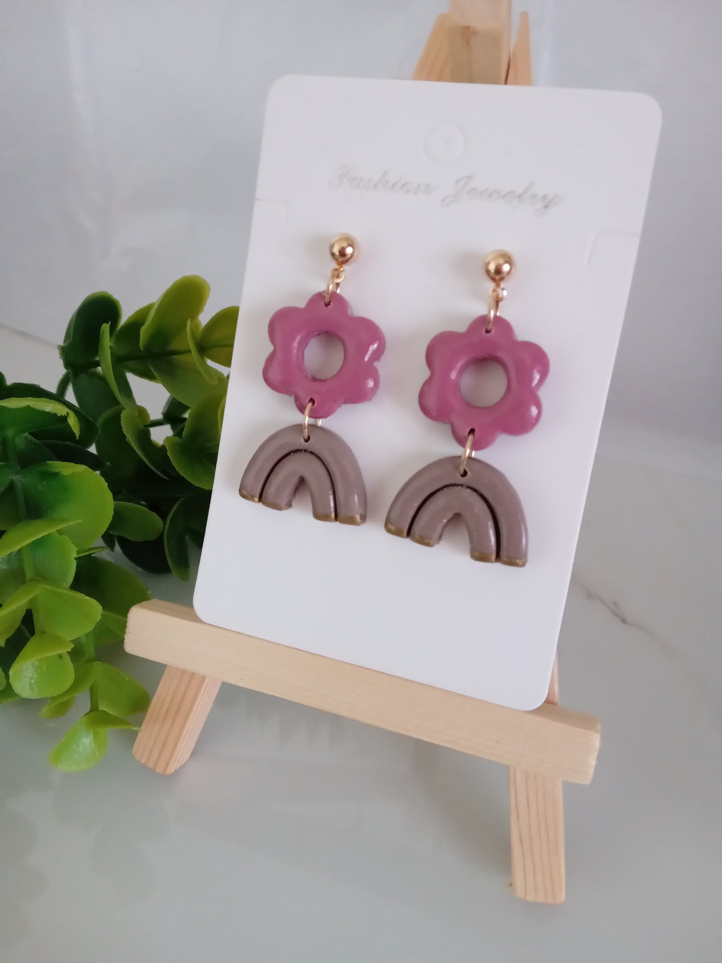 Handmade Floral Dangle Earrings – Unique Polymer Clay Flower Earrings, Brown & P