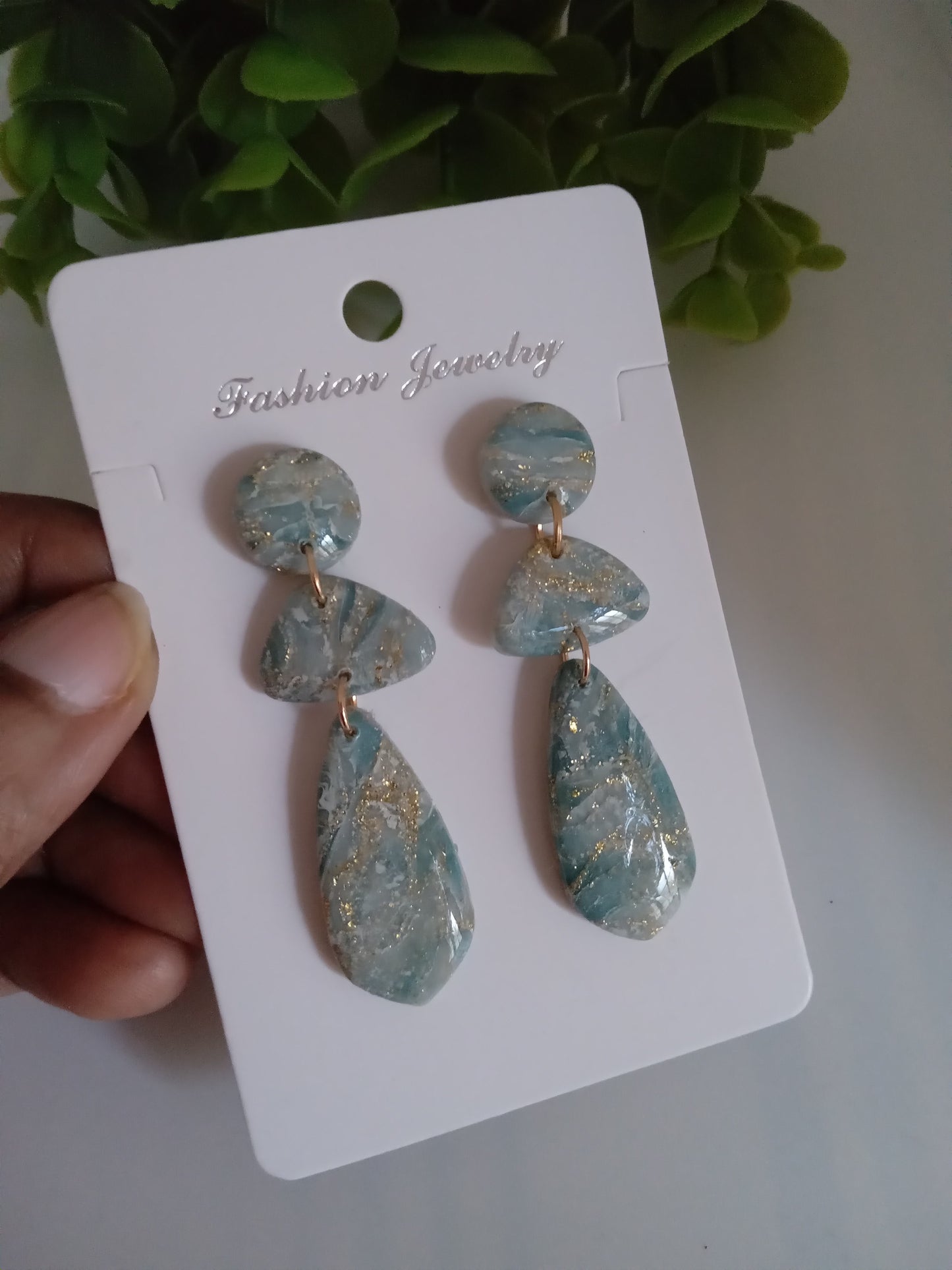 Elegant Blue Marble Drop Earrings with Gold Accents | Lightweight Gift Jewelry