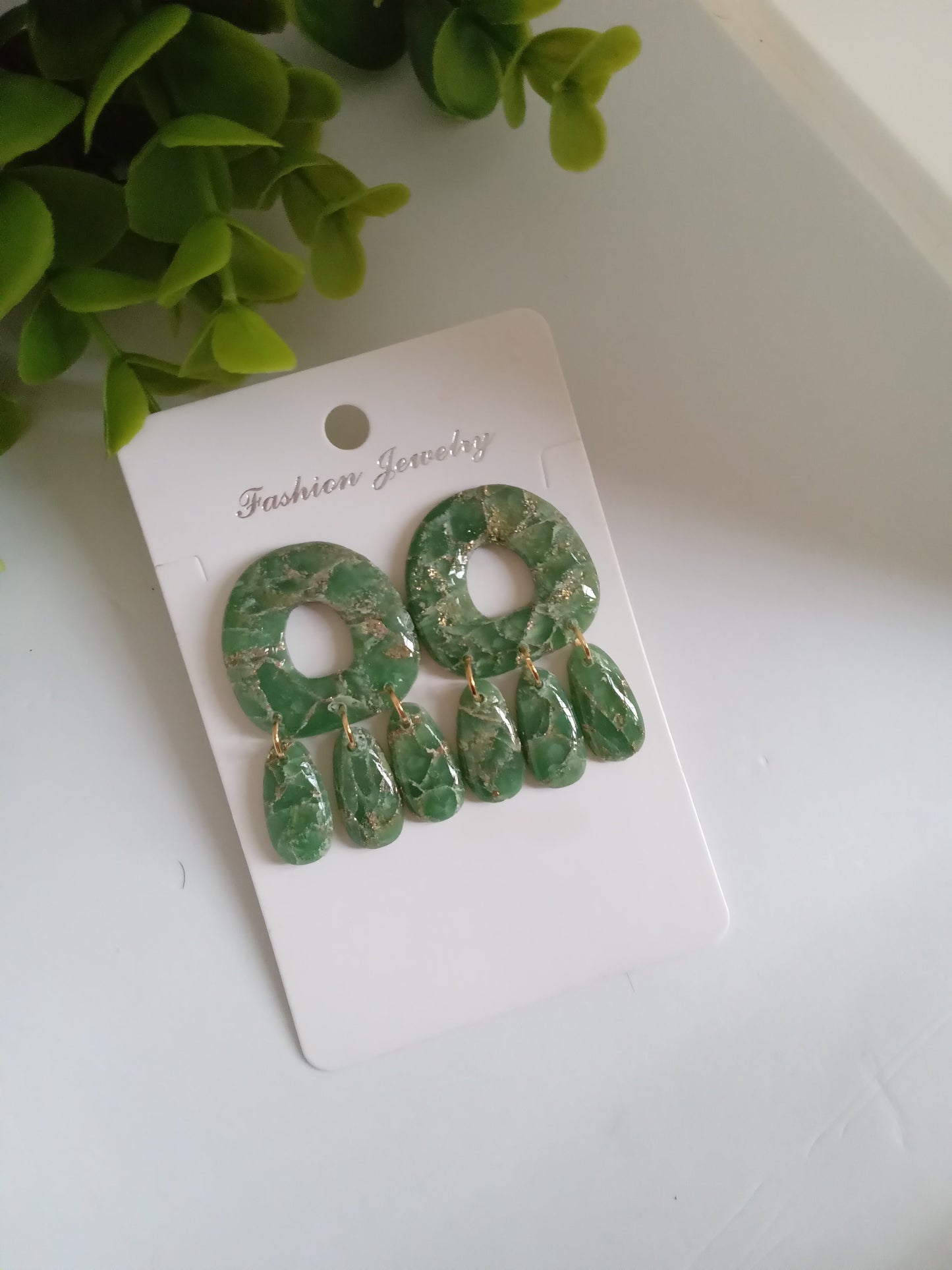 Green Marble Statement Dangle Earrings – Handmade Lightweight Drop Earrings for Women, Elegant Boho Jewelry Gift