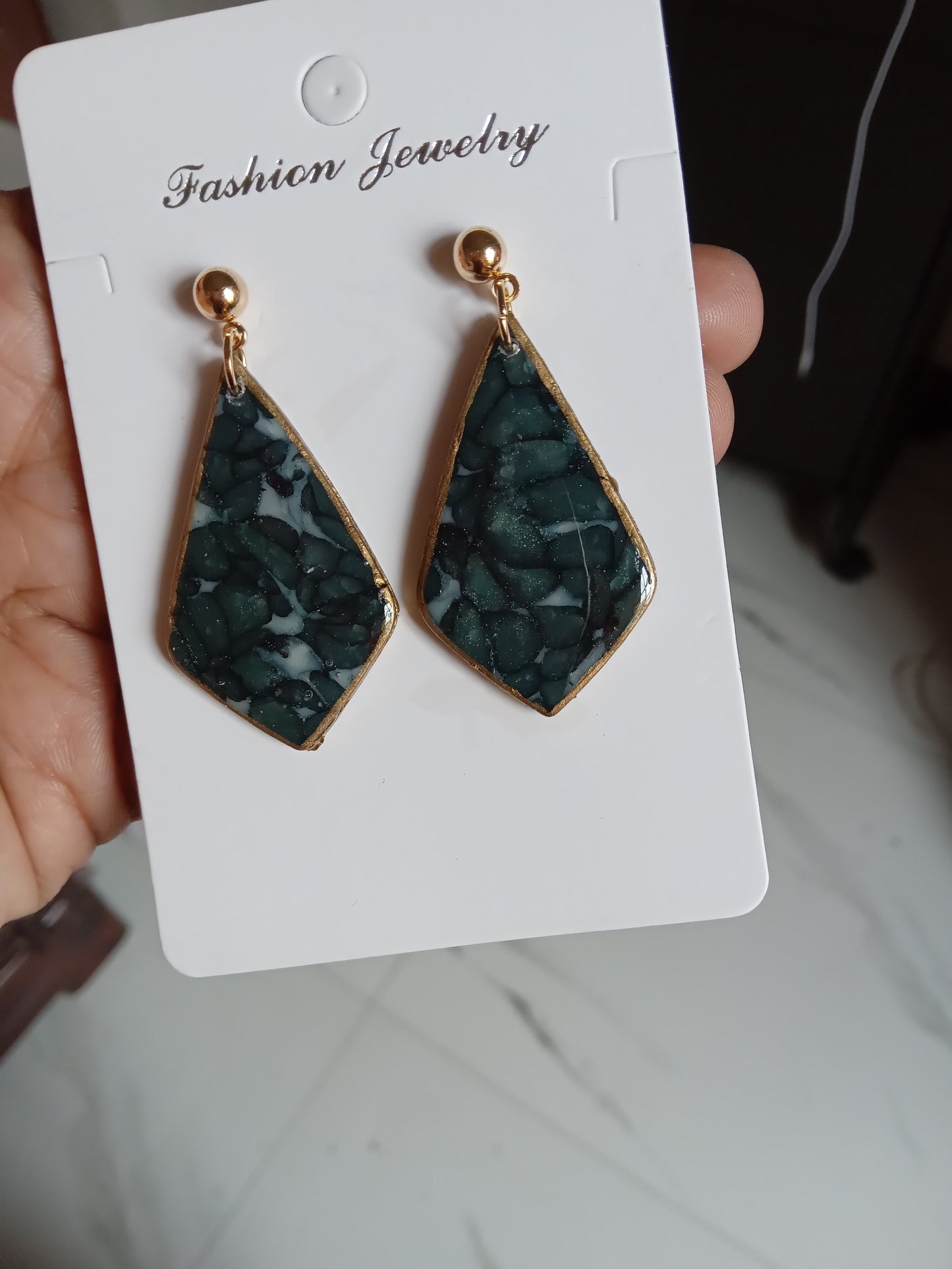 Handmade Dark Green Stone Diamond Drops Earrings - Lightweight Statement Earrings