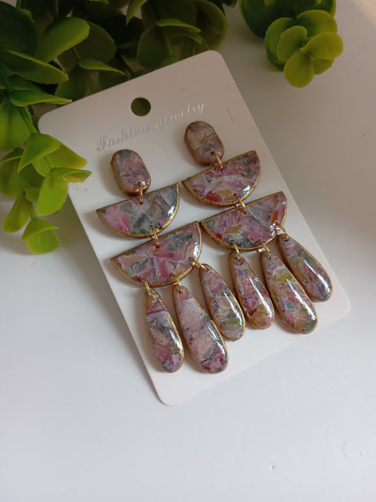 Handmade Statement Dangle Earrings – Colorful Marble Floral Resin, Lightweight Drop Earrings with Gold Trim