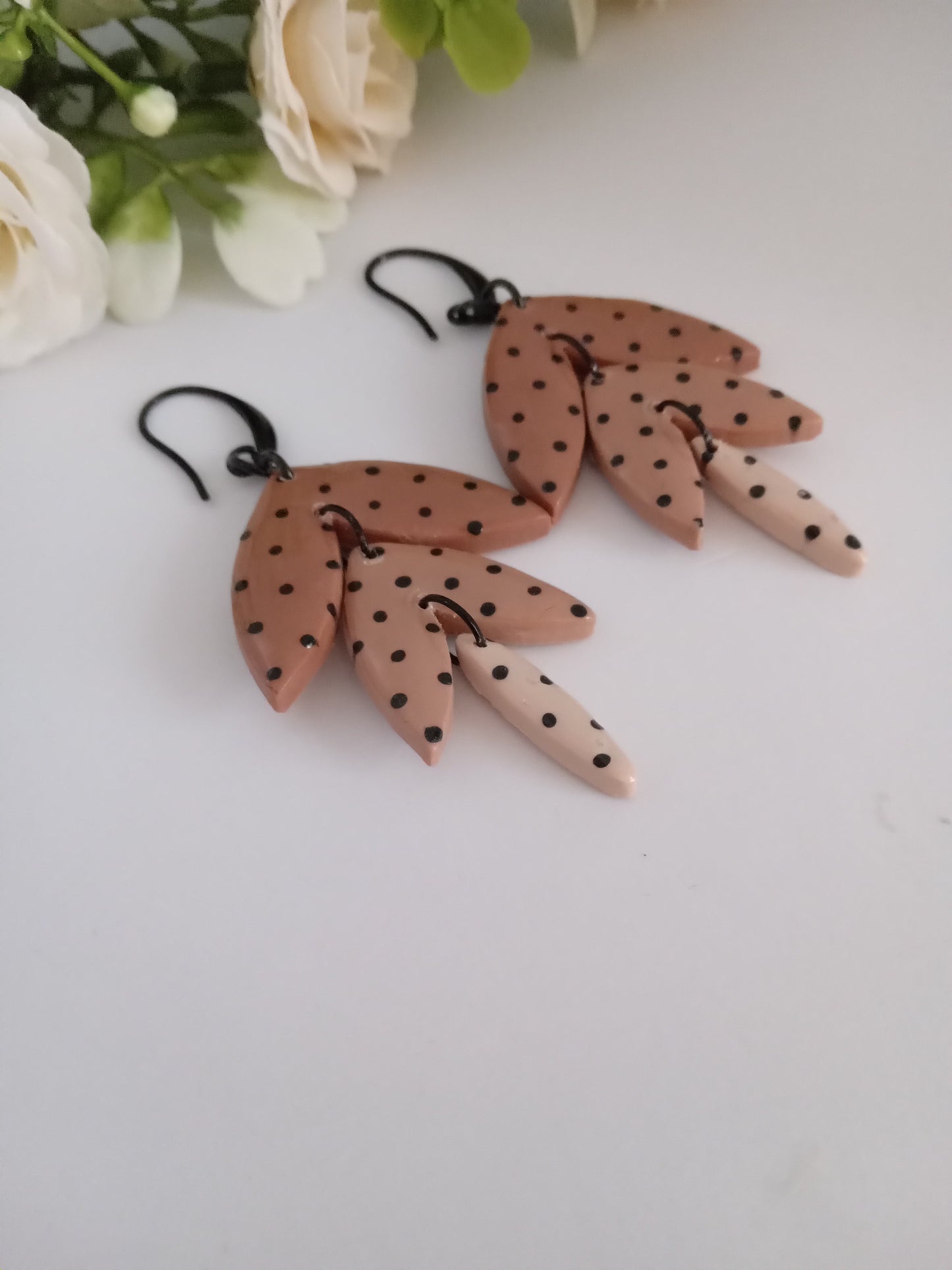 Polka Dot Leaf Dangle Earrings - Handmade Polymer Clay Jewelry