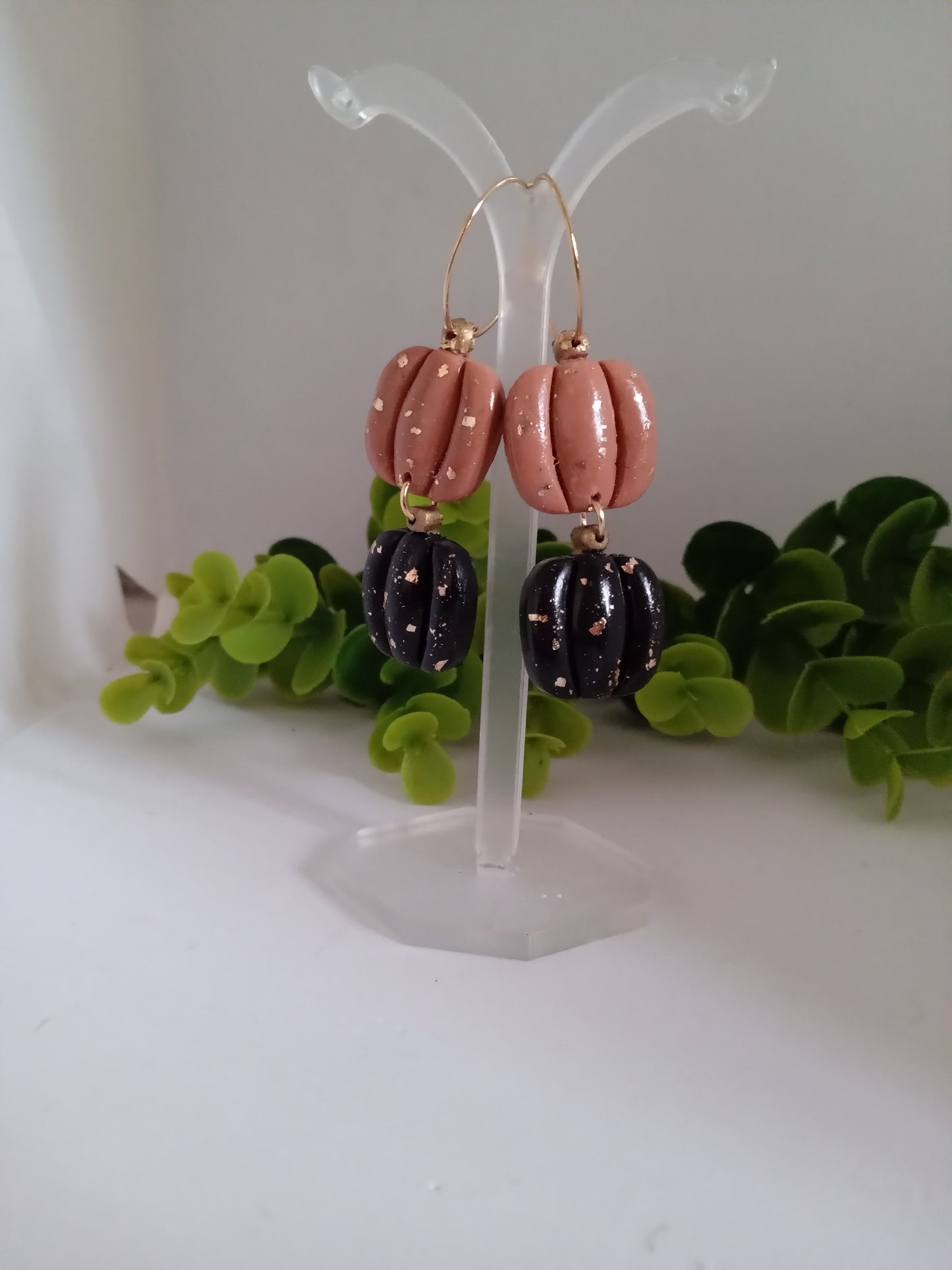 Handmade Pumpkin Earrings – Halloween Polymer Clay Dangle Earrings with Gold Foil | Black & Brown Fall Jewelry