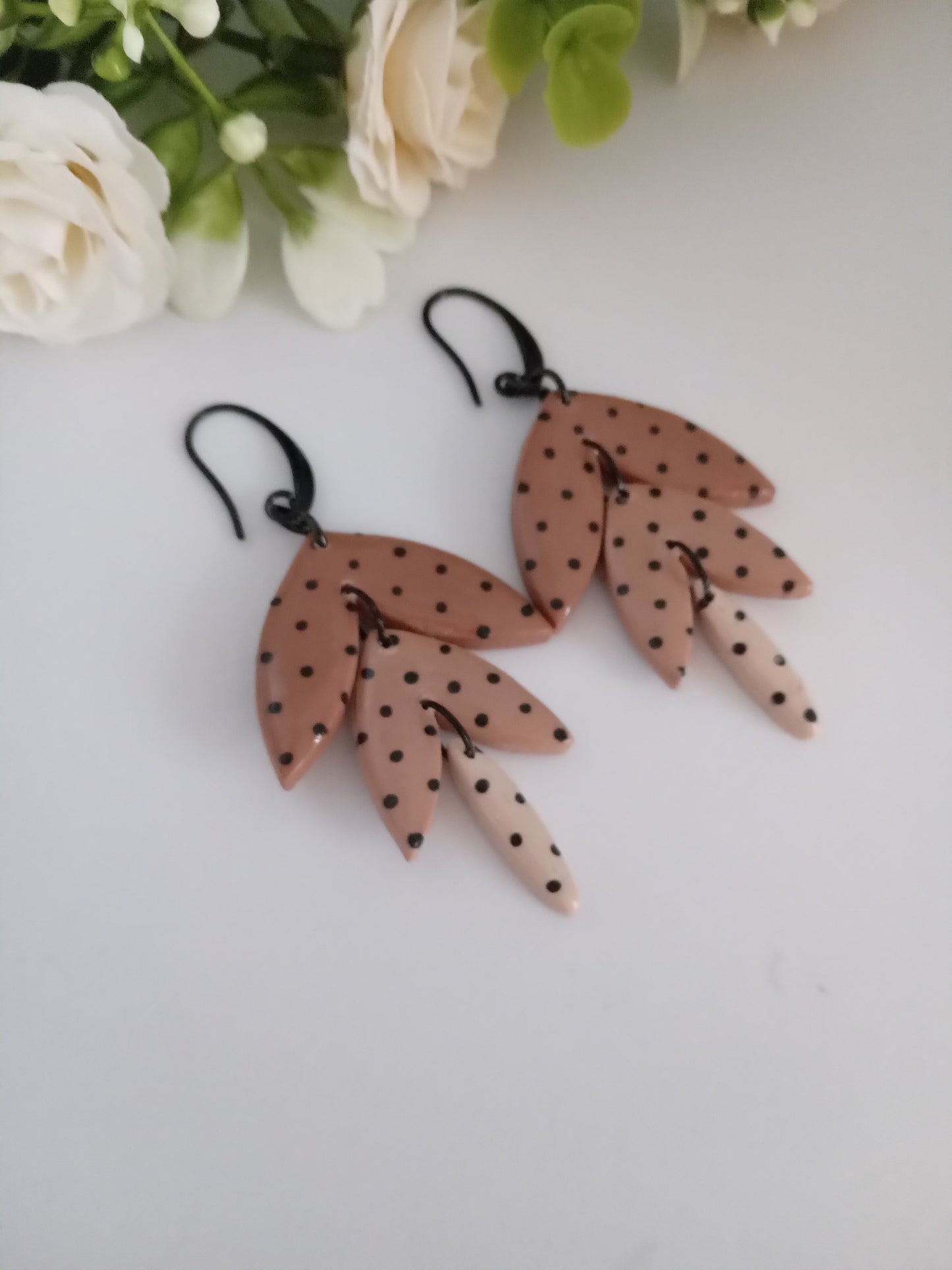 Polka Dot Leaf Dangle Earrings - Handmade Polymer Clay Jewelry