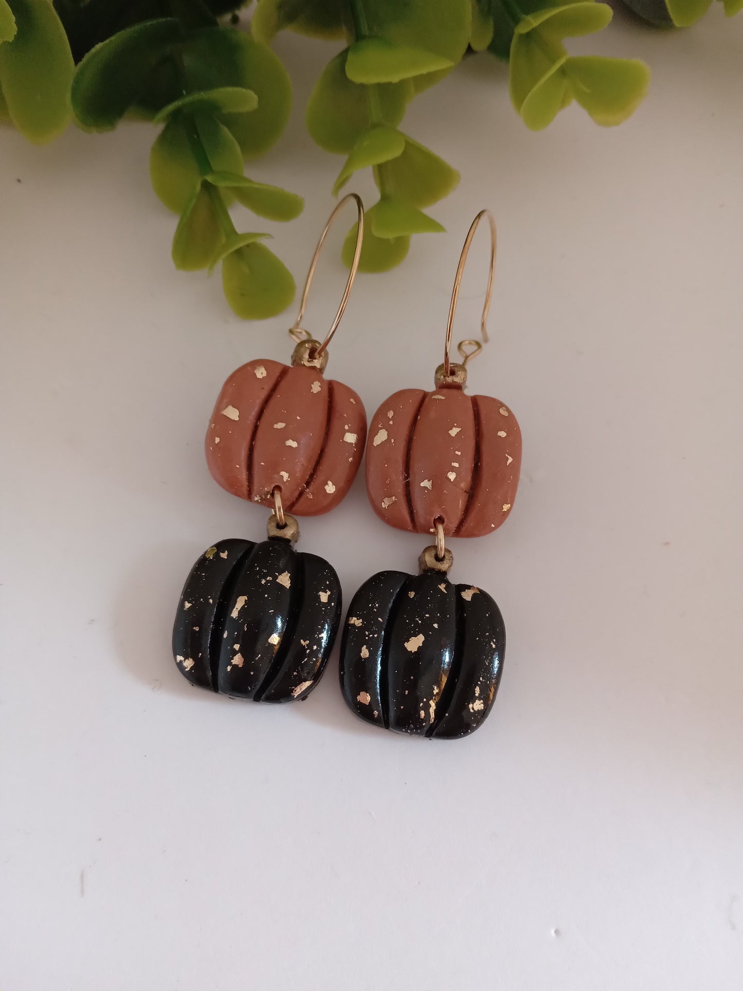 Handmade Pumpkin Earrings – Halloween Polymer Clay Dangle Earrings with Gold Foil | Black & Brown Fall Jewelry