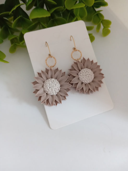 Polymer Clay Sunflower Earrings- Handmade Beige Flower Dangles for Women