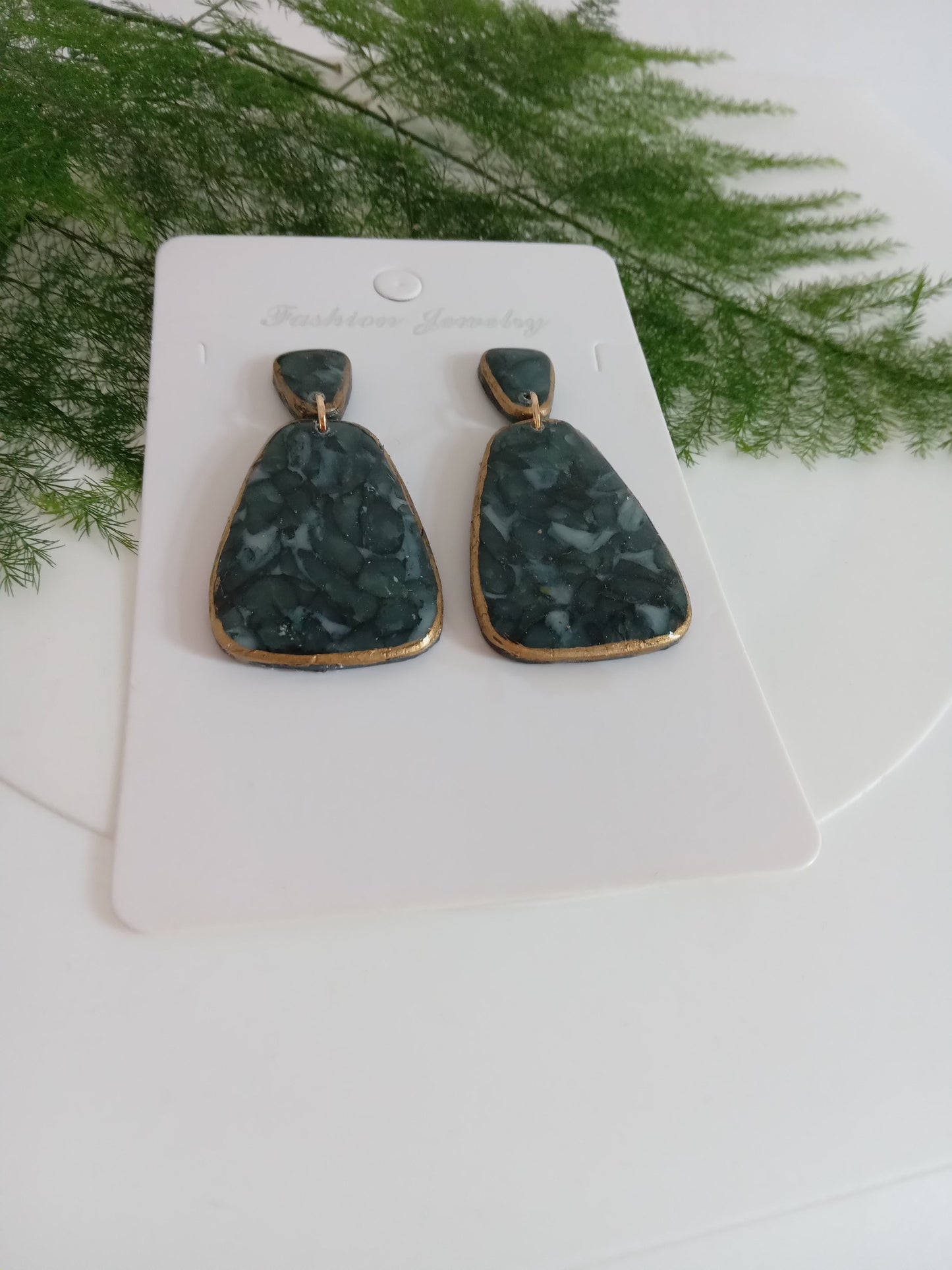 Handmade Dark Green Stone Diamond Drops Earrings - Lightweight Statement Earrings