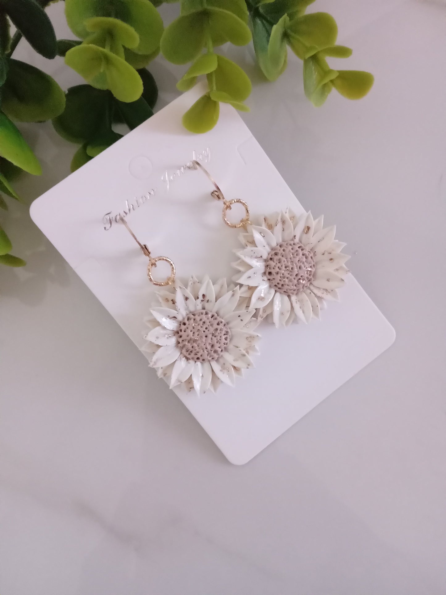 Handmade Sunflower Polymer Clay Earrings – White & Gold Foil Floral Dangle Earrings, Lightweight Statement Jewelry for Women