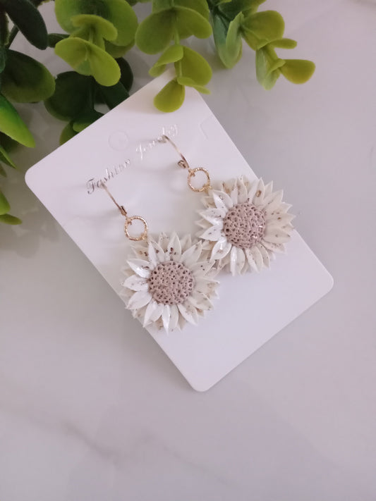 Handmade Sunflower Polymer Clay Earrings – White & Gold Foil Floral Dangle Earrings, Lightweight Statement Jewelry for Women