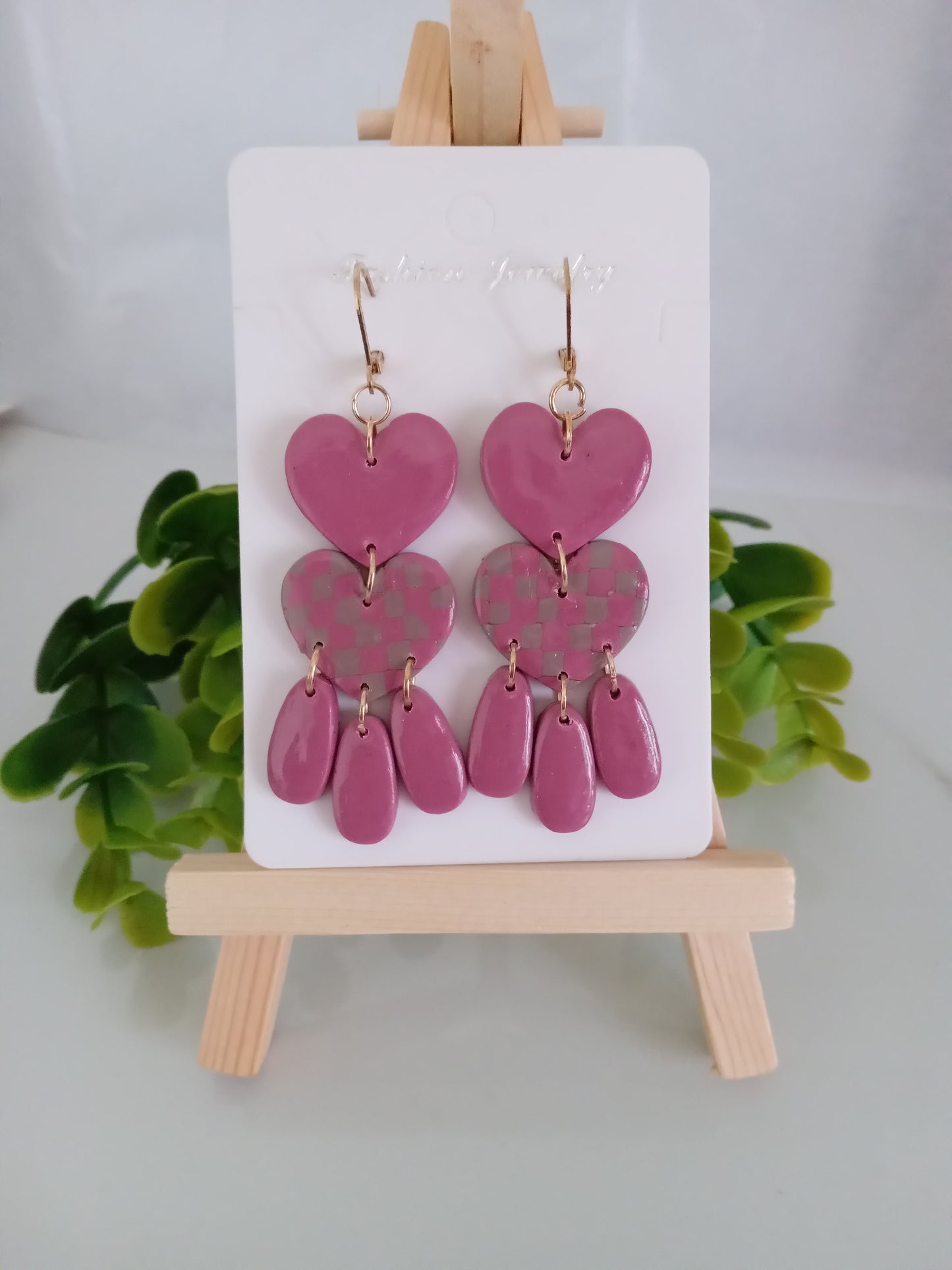 Velantines Polymer Clay Earrings Handmade -Pink Heart Statement Dangles For Her