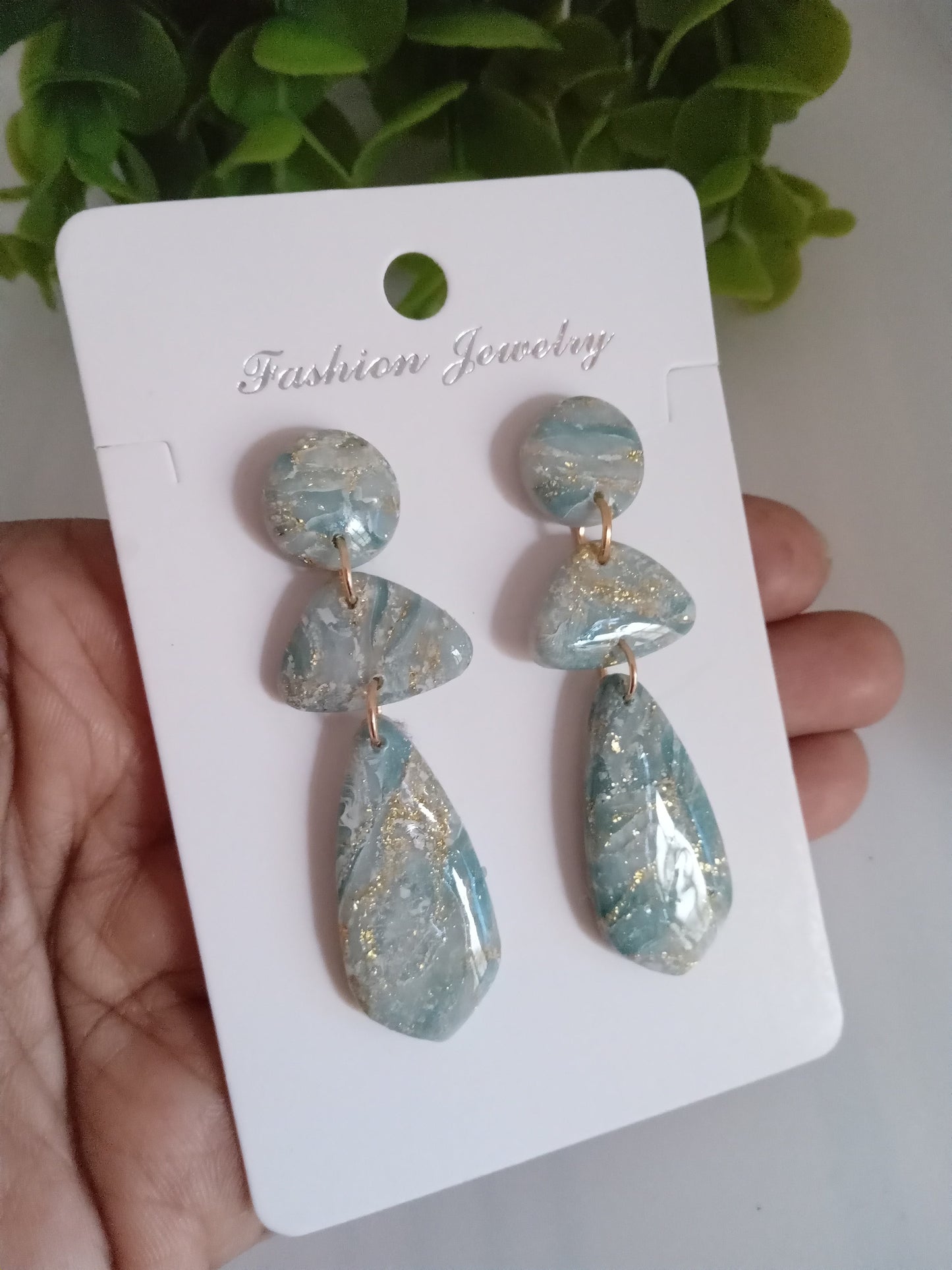 Elegant Blue Marble Drop Earrings with Gold Accents | Lightweight Gift Jewelry