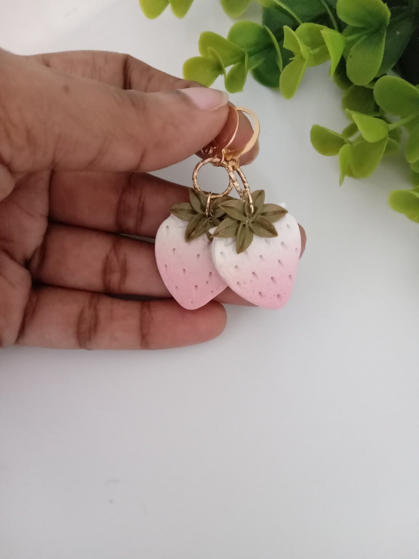 Handmade Dangle Strawberry Earrings - Pink  White  Polymer Clay Fruit Jewelry for Women