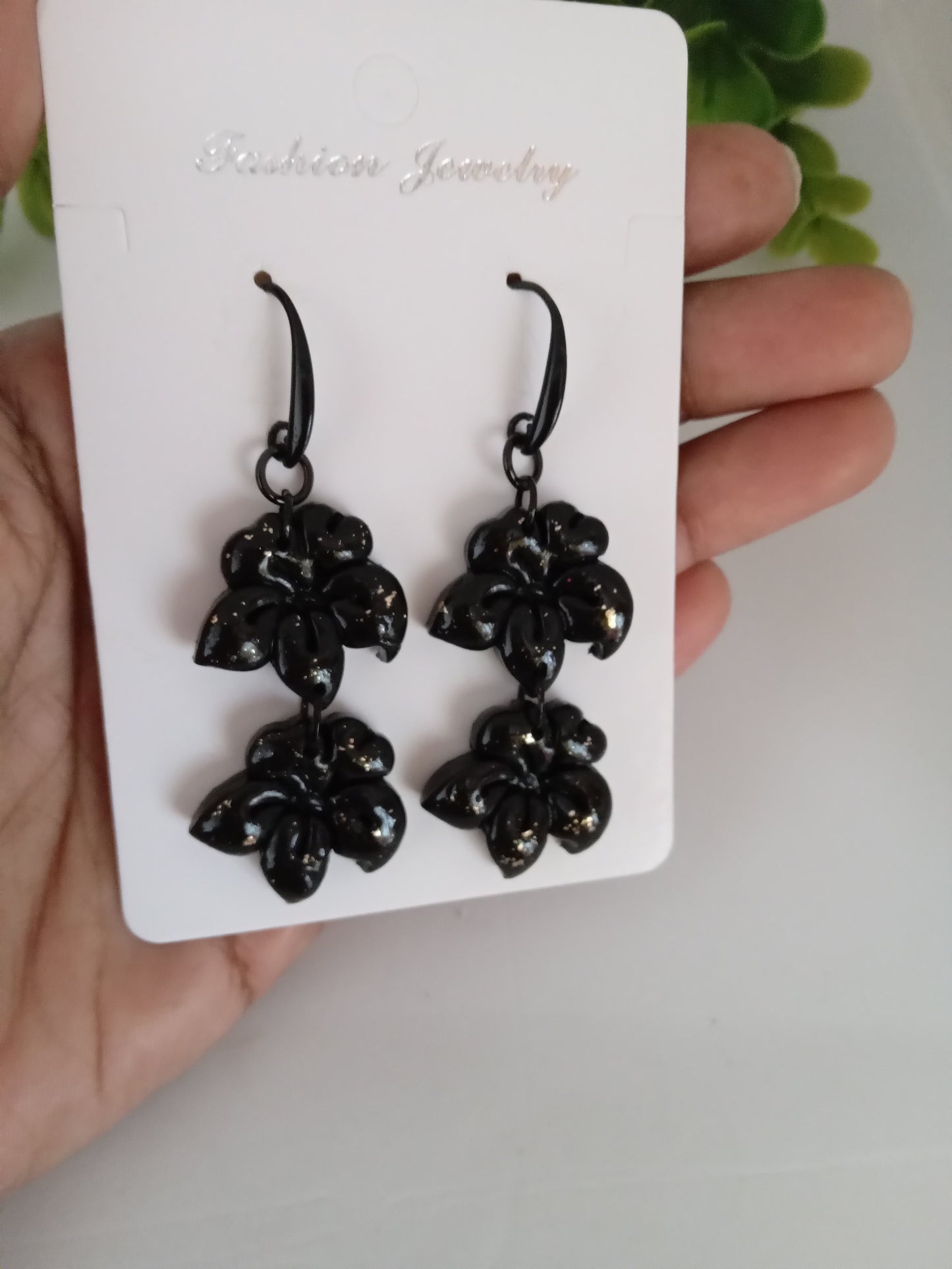 Black Handmade Floral Dangle Earrings – Unique Polymer Clay Flower Earrings Black Friday sale