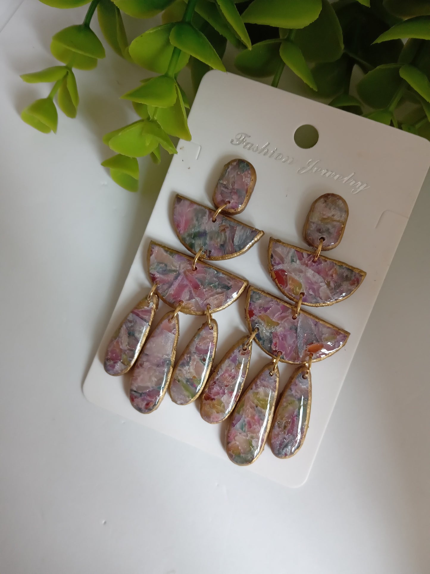 Handmade Statement Dangle Earrings – Colorful Marble Floral Resin, Lightweight Drop Earrings with Gold Trim