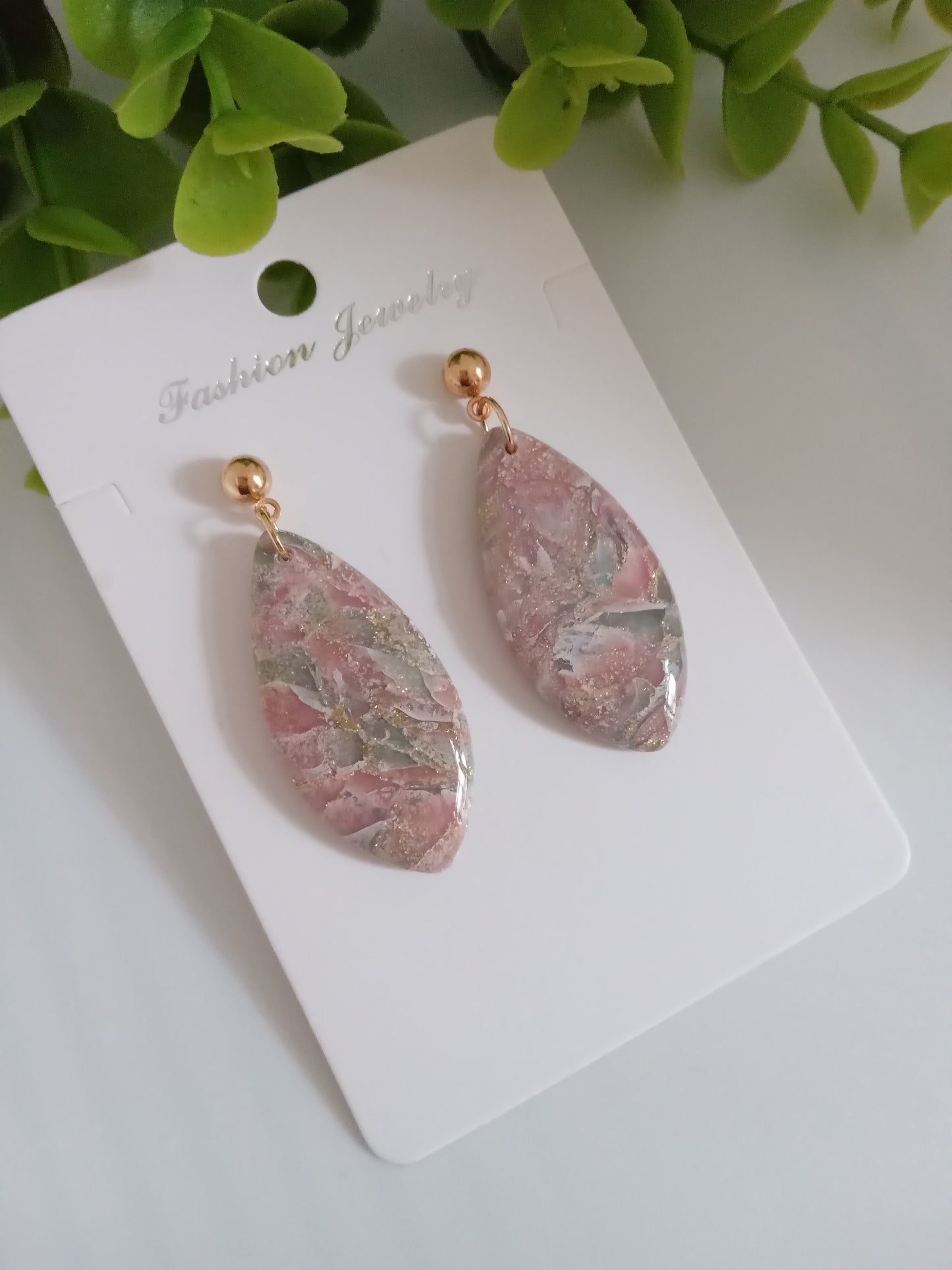 Handmade Translucent Polymer Clay Earrings | Pink & Green Marble Drop Earrings | Lightweight Statement Jewelry | Hypoallergenic Gift for Her