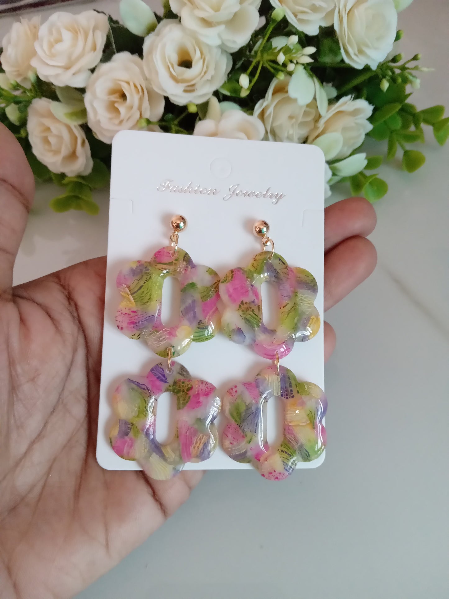Handmade Clay Earrings- Agate Floral and Modern Geometric Style