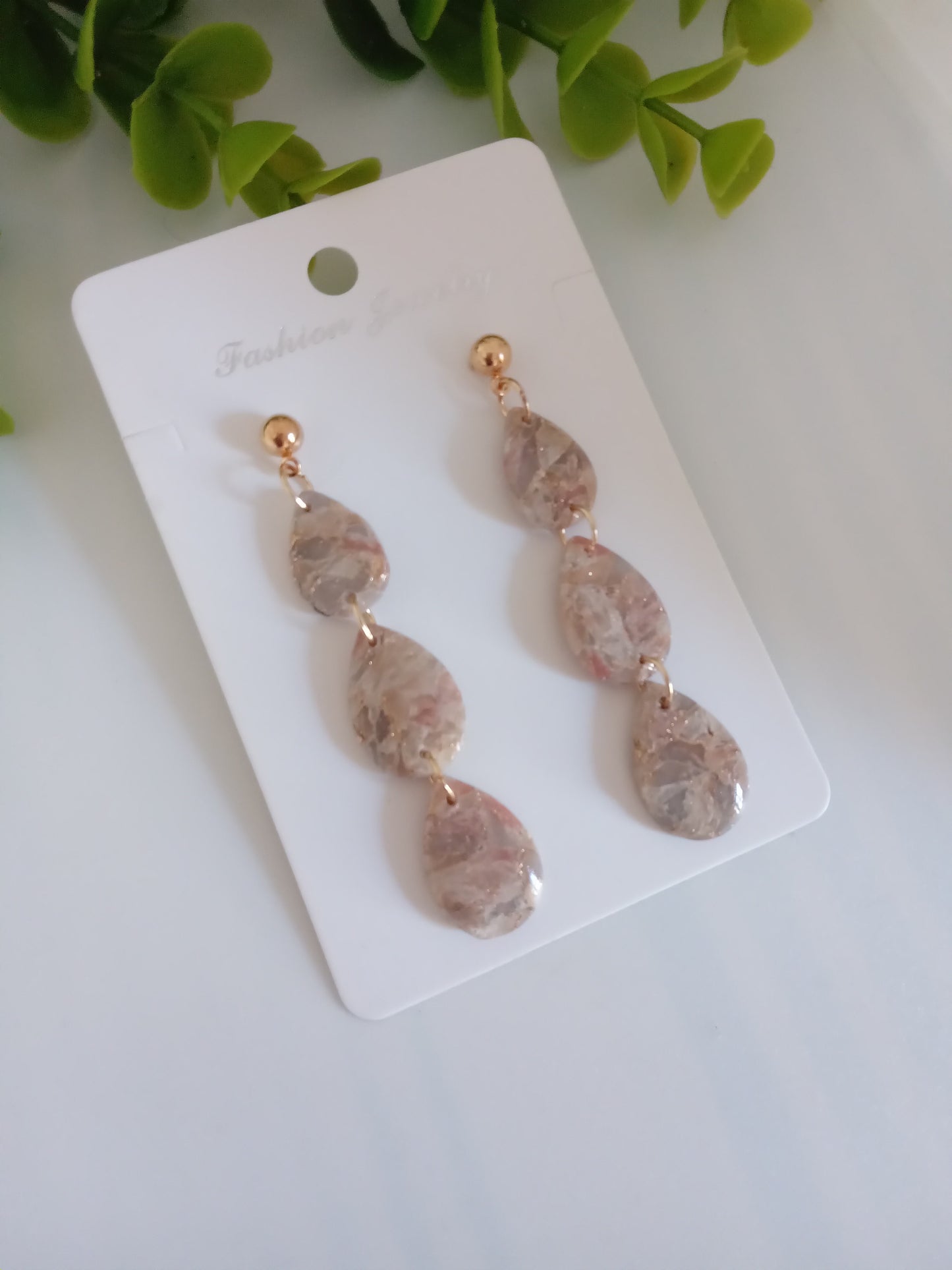 Handmade Teardrop Earrings | Lightweight Polymer Clay Dangle Earrings for Women | Pink Gold Statement Jewelry | Hypoallergenic Gift for Her