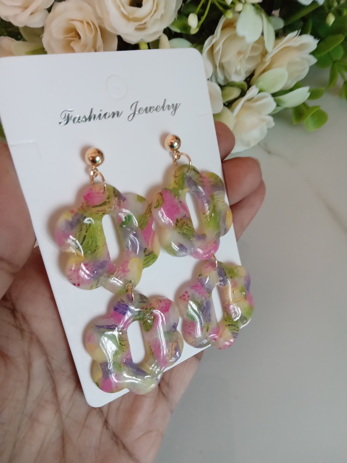 Handmade Clay Earrings- Agate Floral and Modern Geometric Style