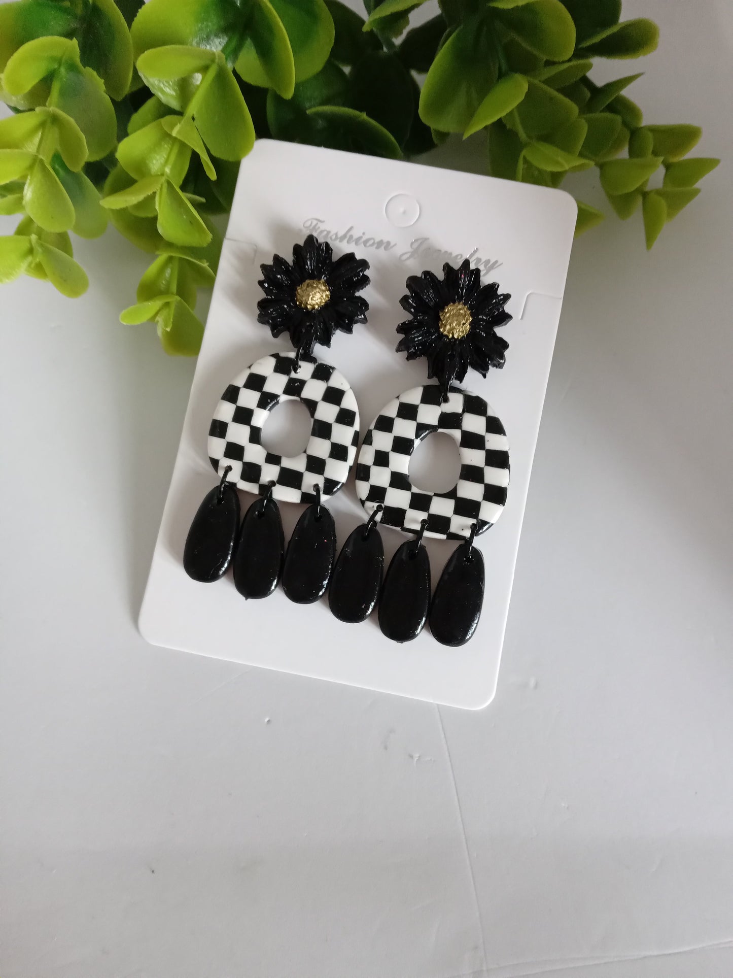 Handmade Polymer Clay Checkerboard Dangle Earrings  - Trendy Boho Jewelry