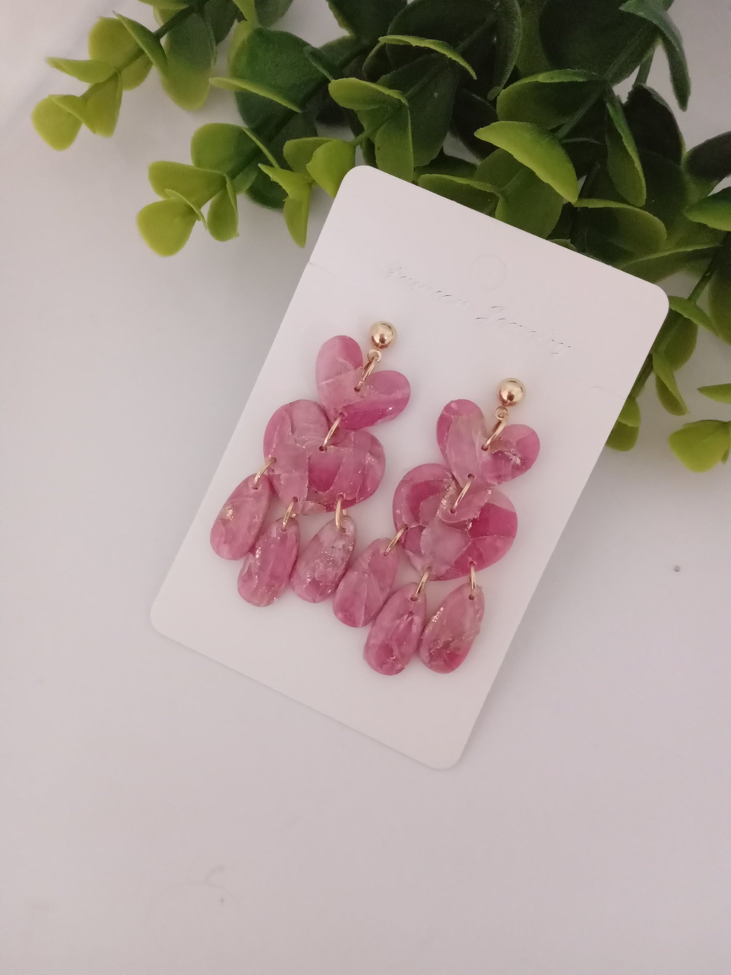 Pink Marble Heart Dangle Earrings  - Lightweight Clay Statement Jewelry