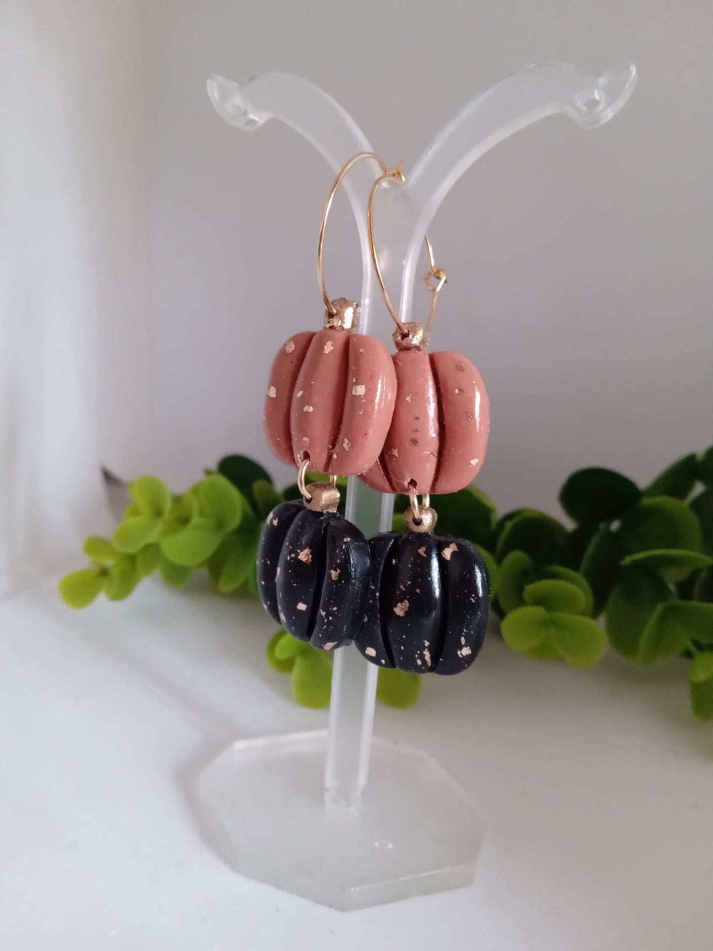 Handmade Pumpkin Earrings – Halloween Polymer Clay Dangle Earrings with Gold Foil | Black & Brown Fall Jewelry