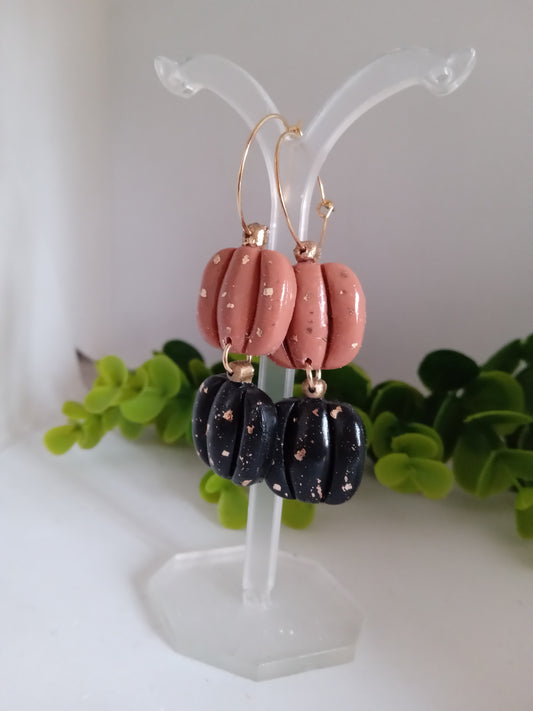 Handmade Pumpkin Earrings – Halloween Polymer Clay Dangle Earrings with Gold Foil | Black & Brown Fall Jewelry
