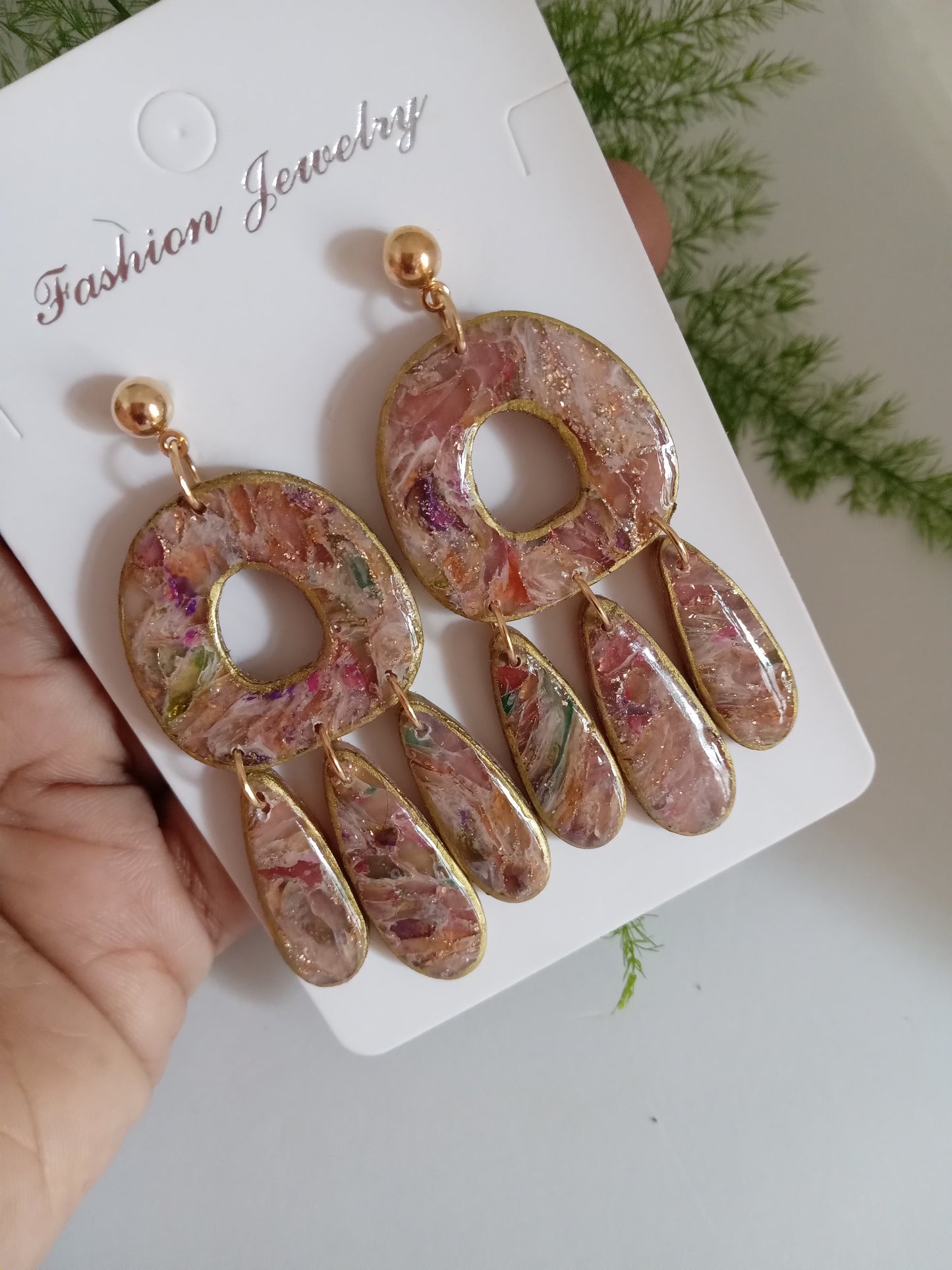 Polymer Clay Statement Earrings - Handmade Boho Drop Jewelry with Gold Accents